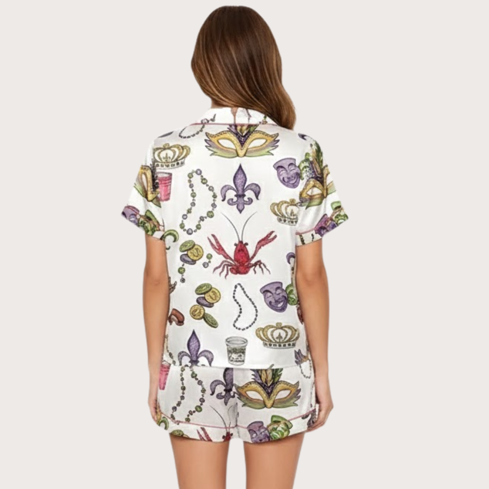 Short Sleeve Printed Satin Pajama Set For Women