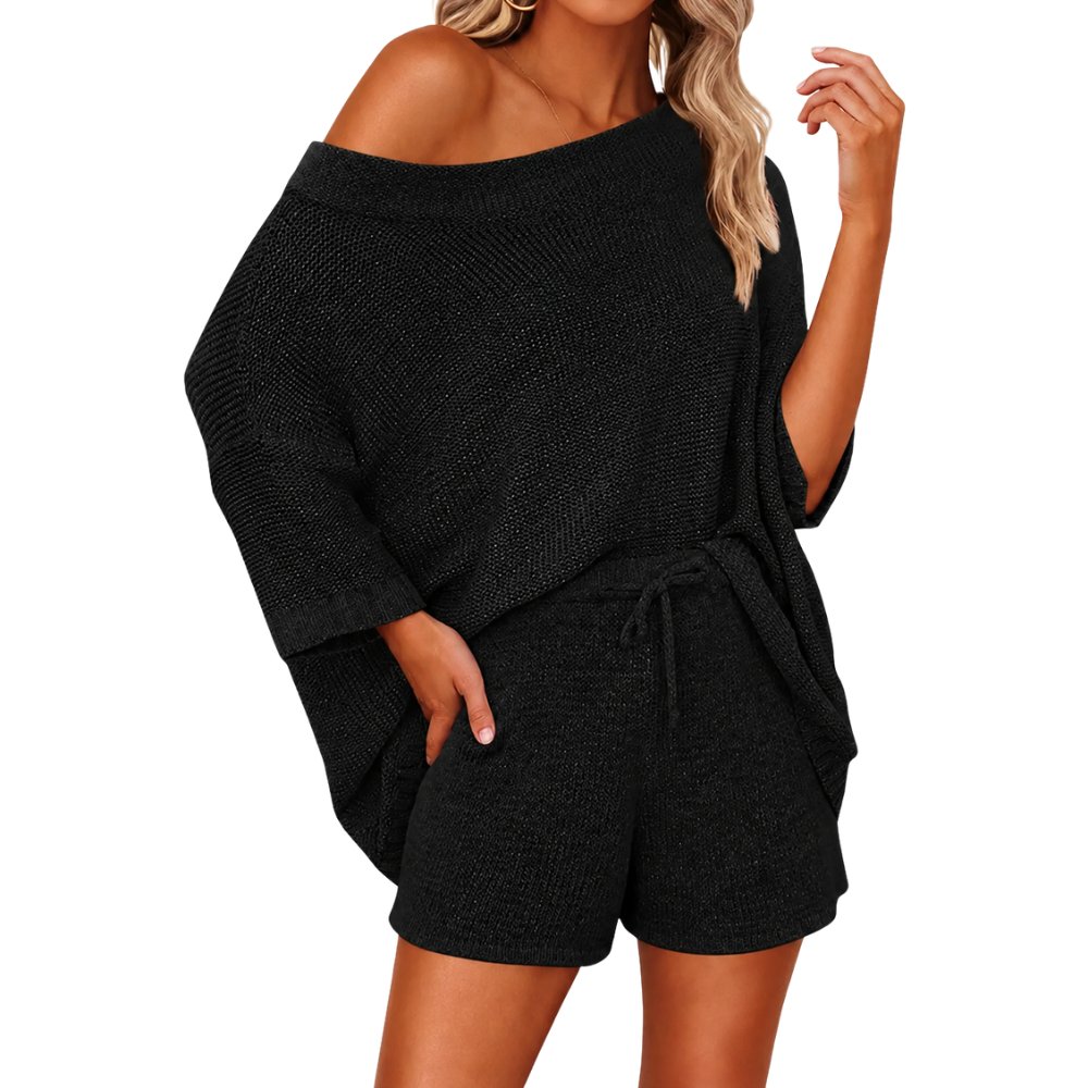 2 Piece Lounge Set With Oversized Top And Drawstring Shorts  For Women