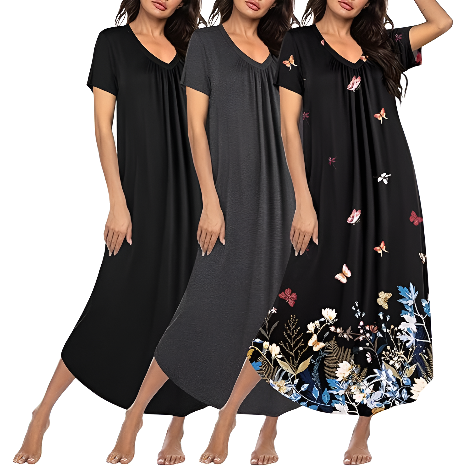 Pack Of 3 Long Nightgowns For Women With Short Sleeves