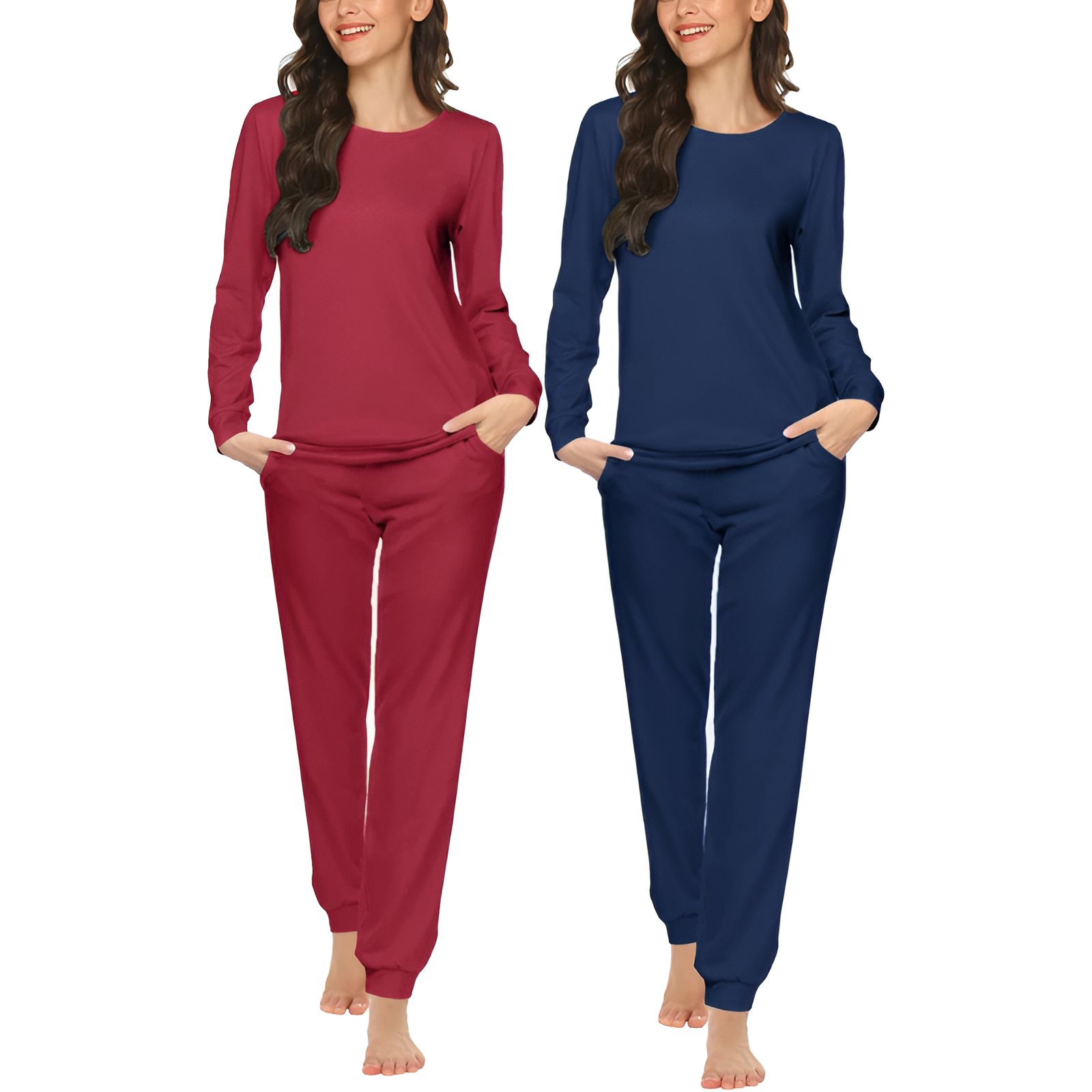 Pack Of 2 Long Sleeve Top And Jogger Pants Pajama Set With Pockets For Women