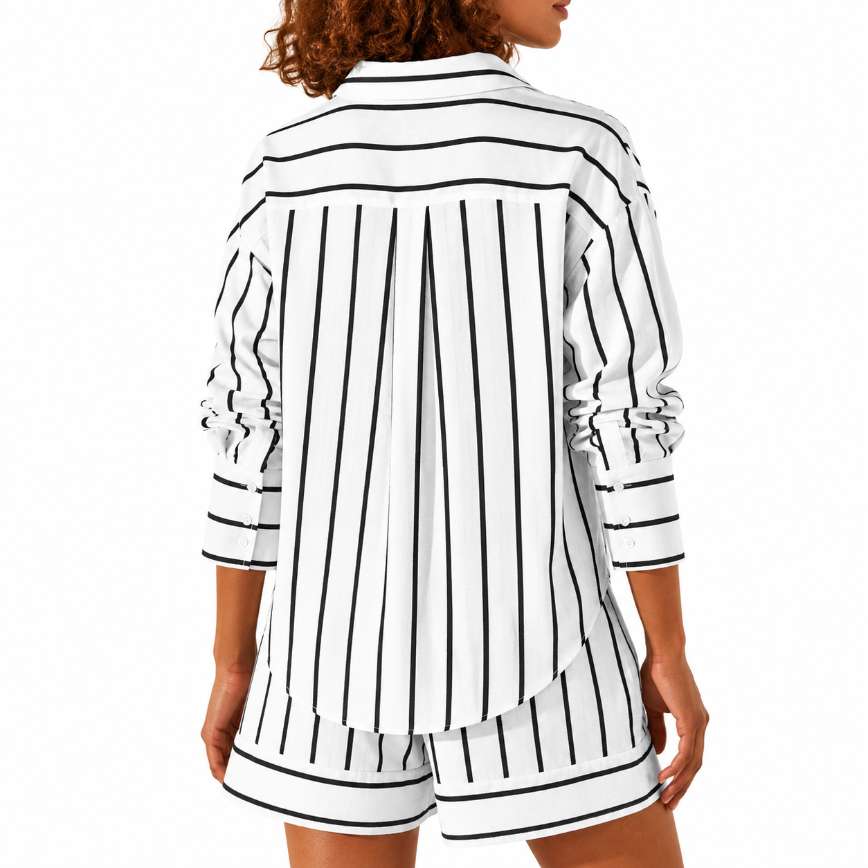 Striped Sleeve Down Collared Shirt Sets For Women