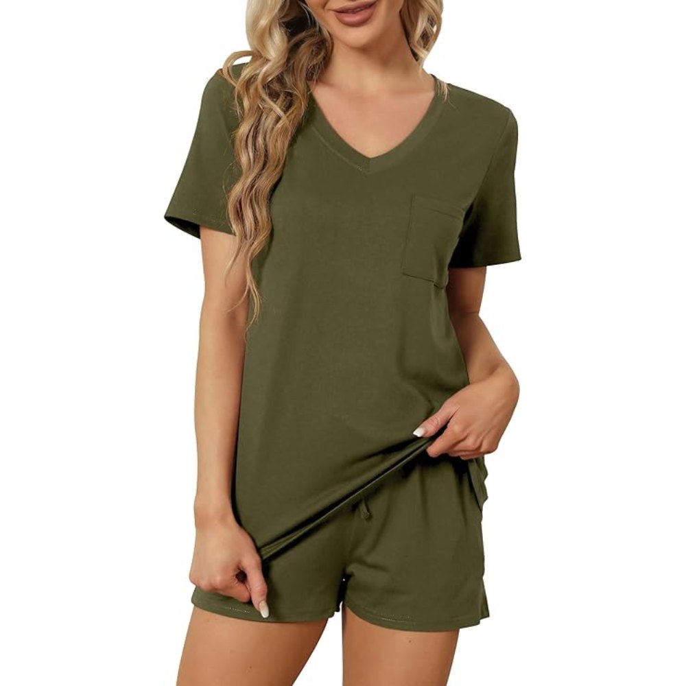 Casual Sort Sleeve Pajama Lounge Sets With Pockets For Women