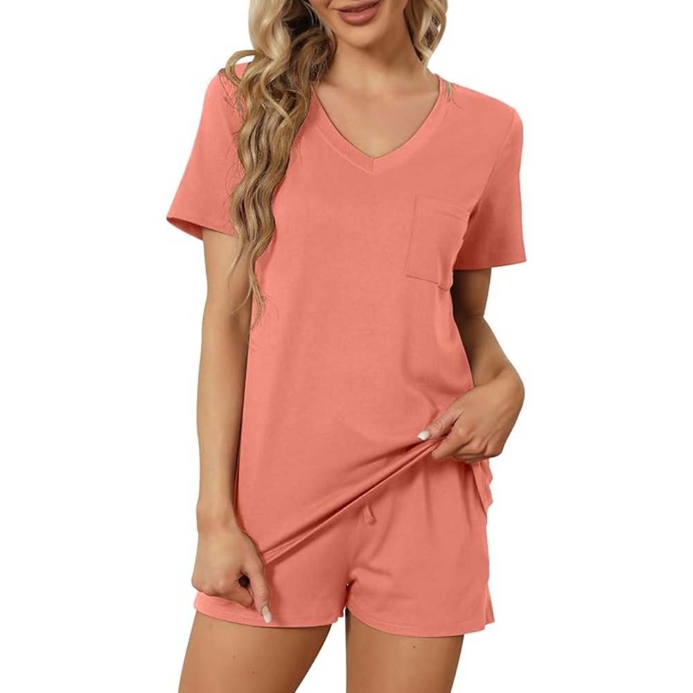 Casual Sort Sleeve Pajama Lounge Sets With Pockets For Women