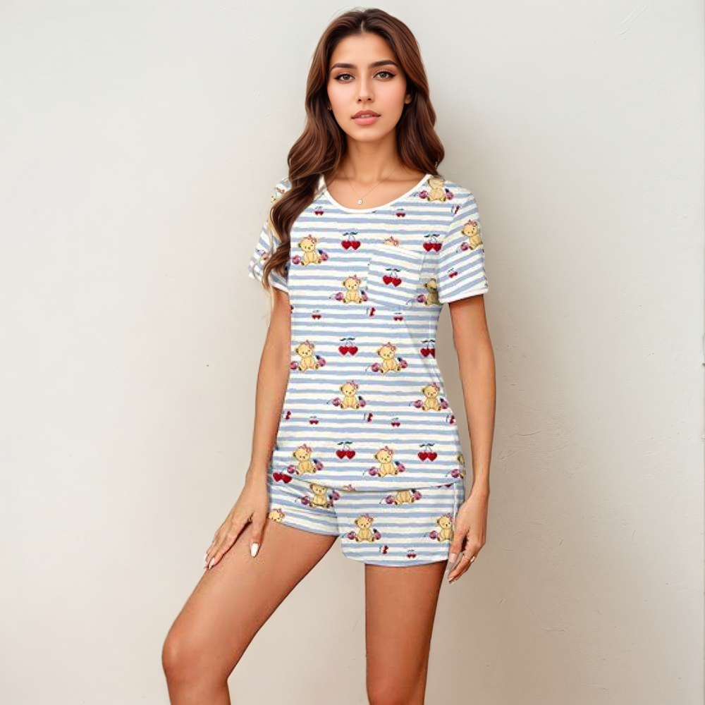 Womens Two Piece Short Sleeve Pajama Set With Shorts