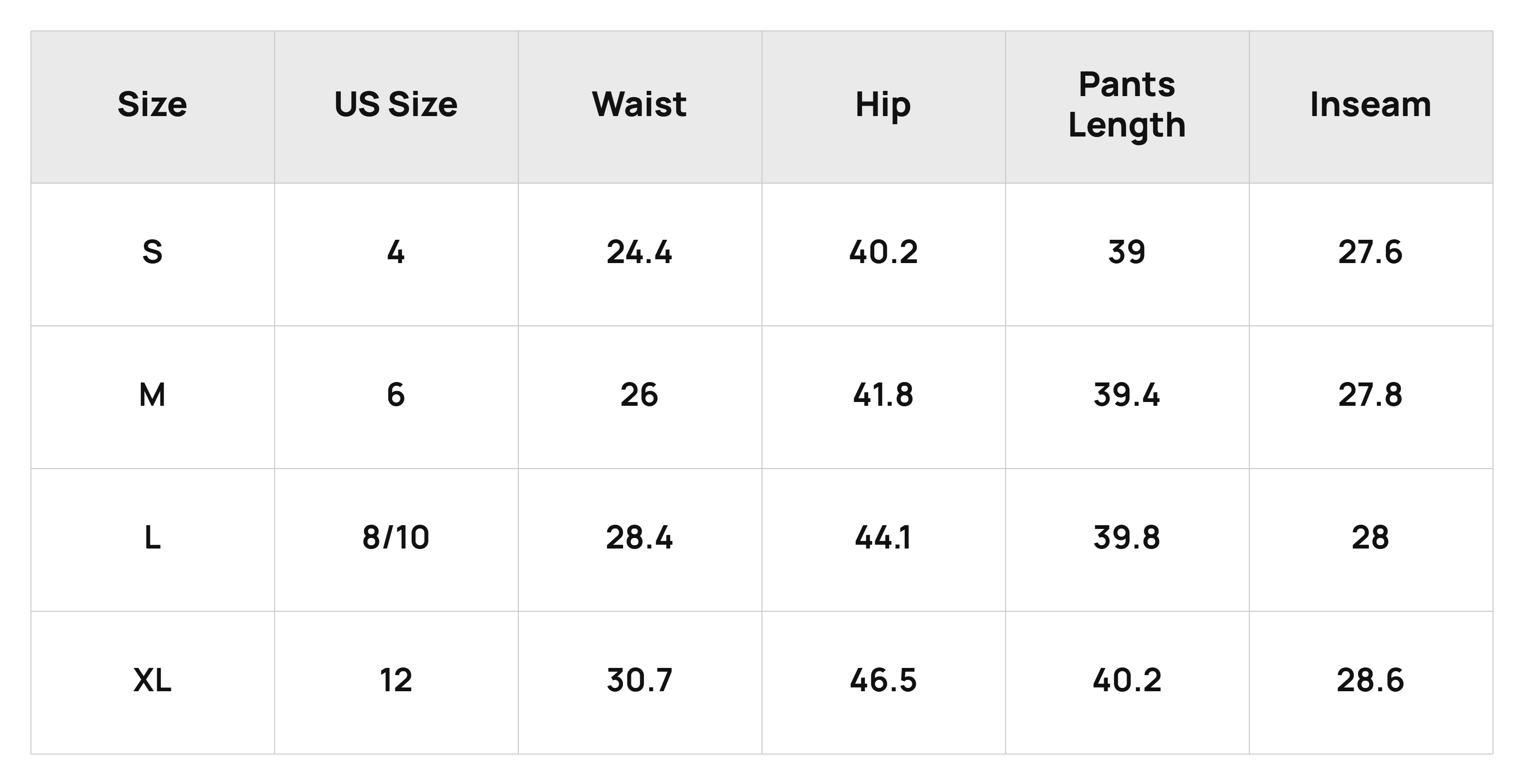 Size Chart Bottoms Product Size Chart