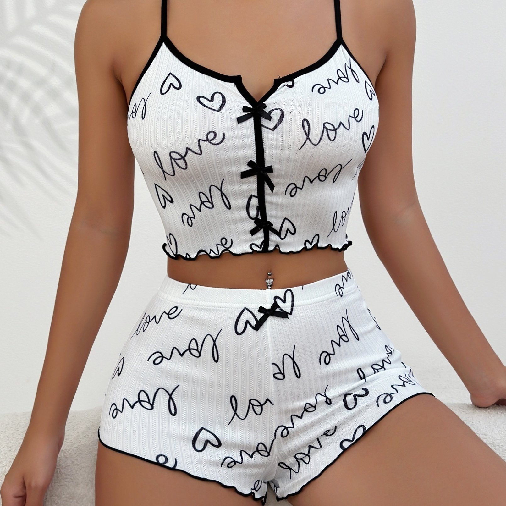 Cordate Printed Cross Strap Pajama Top And Shorts Set