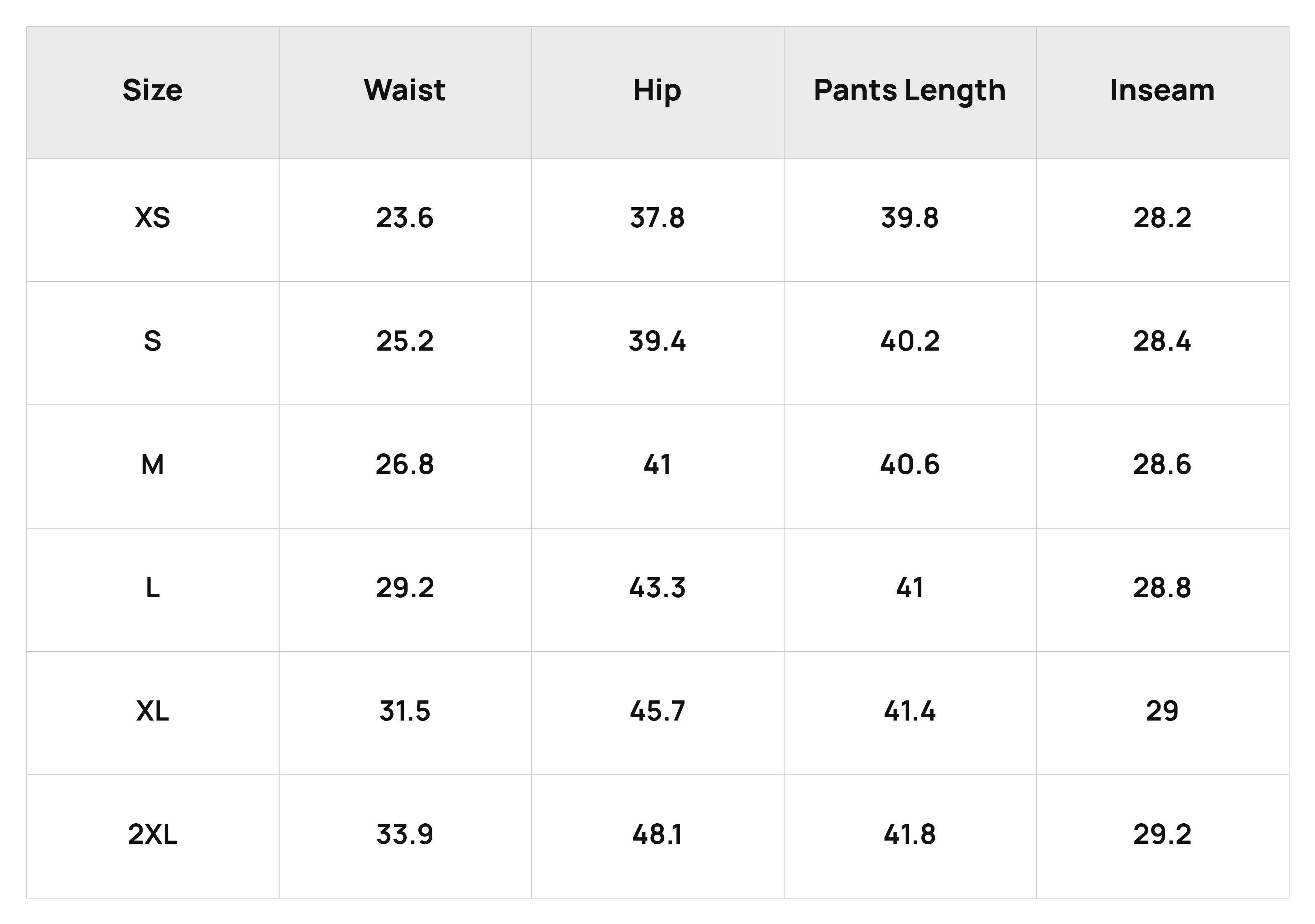 Size Chart Bottoms Product Size Chart