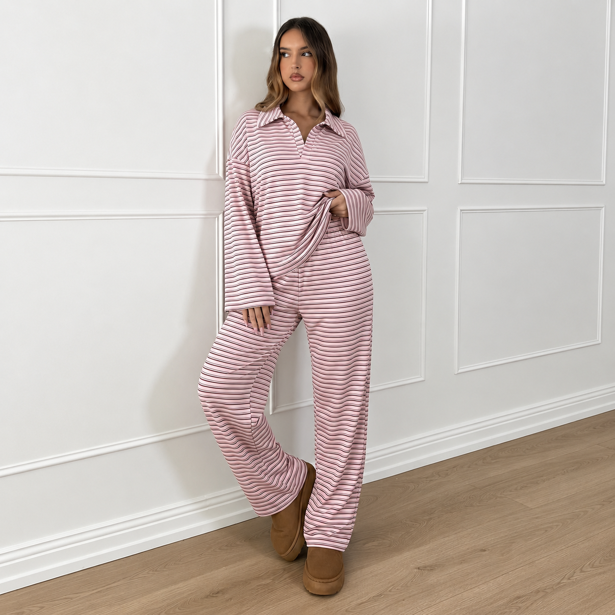 Striped Long Sleeve Top and Elastic Pants 2 Piece Casual Travel Set for Women