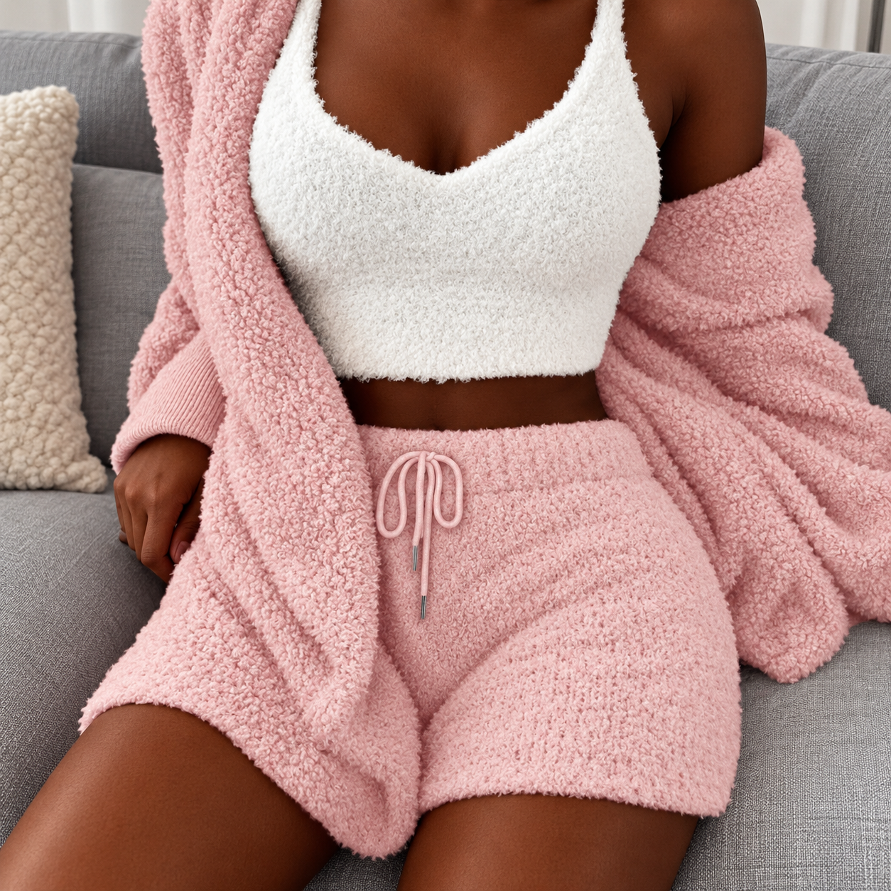 3 Pieces Soft Fluffy Hooded Loungewear Set For Women