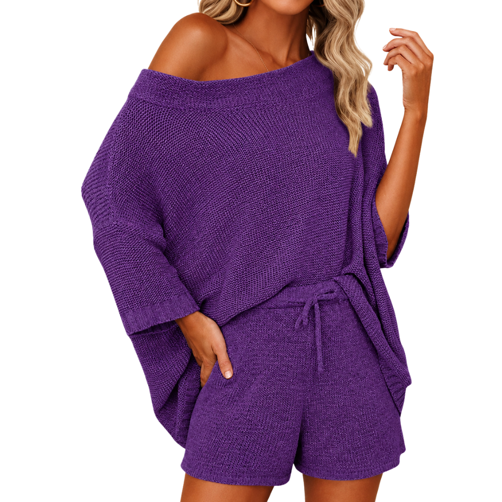 2 Piece Lounge Set With Oversized Top And Drawstring Shorts  For Women