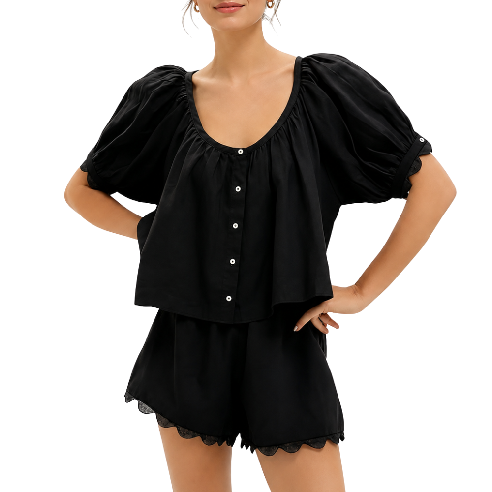 Women 2 Piece Set Gingham Puff Sleeve Top And Shorts