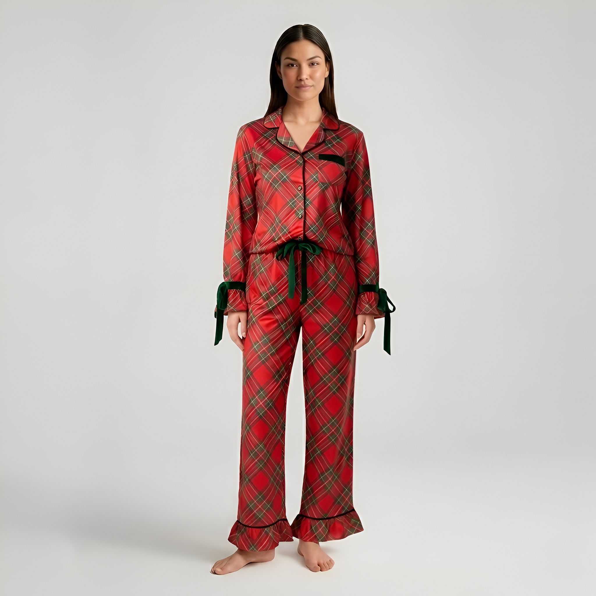 Women Long Sleeve Plaid Holiday Pajama Lounge Set