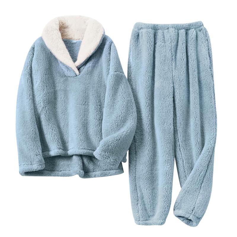 2 Piece Of Fluffy Long Sleeve Sleepwear Pajama Set With Pullover Pants For Women