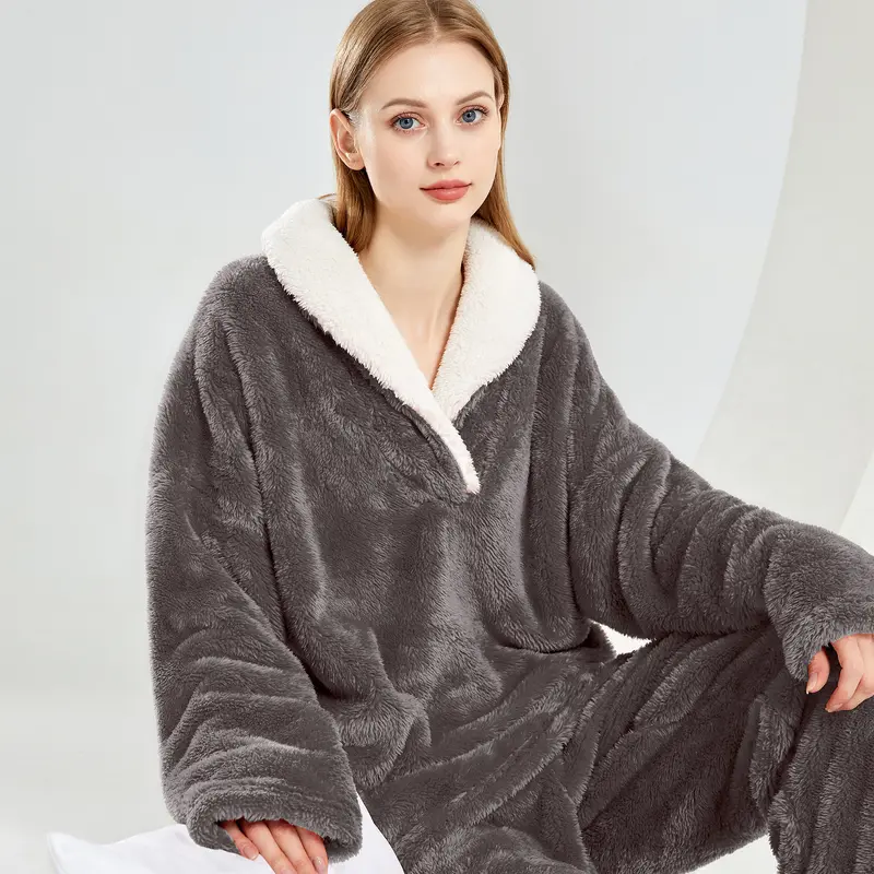 2 Piece Of Fluffy Long Sleeve Sleepwear Pajama Set With Pullover Pants For Women