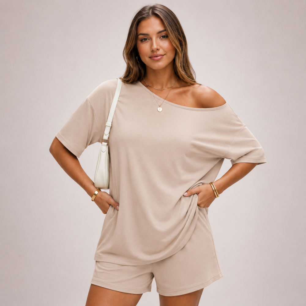 2 Pieces Oversized Lounge Vacation Tshirt And Shorts Set For Women 