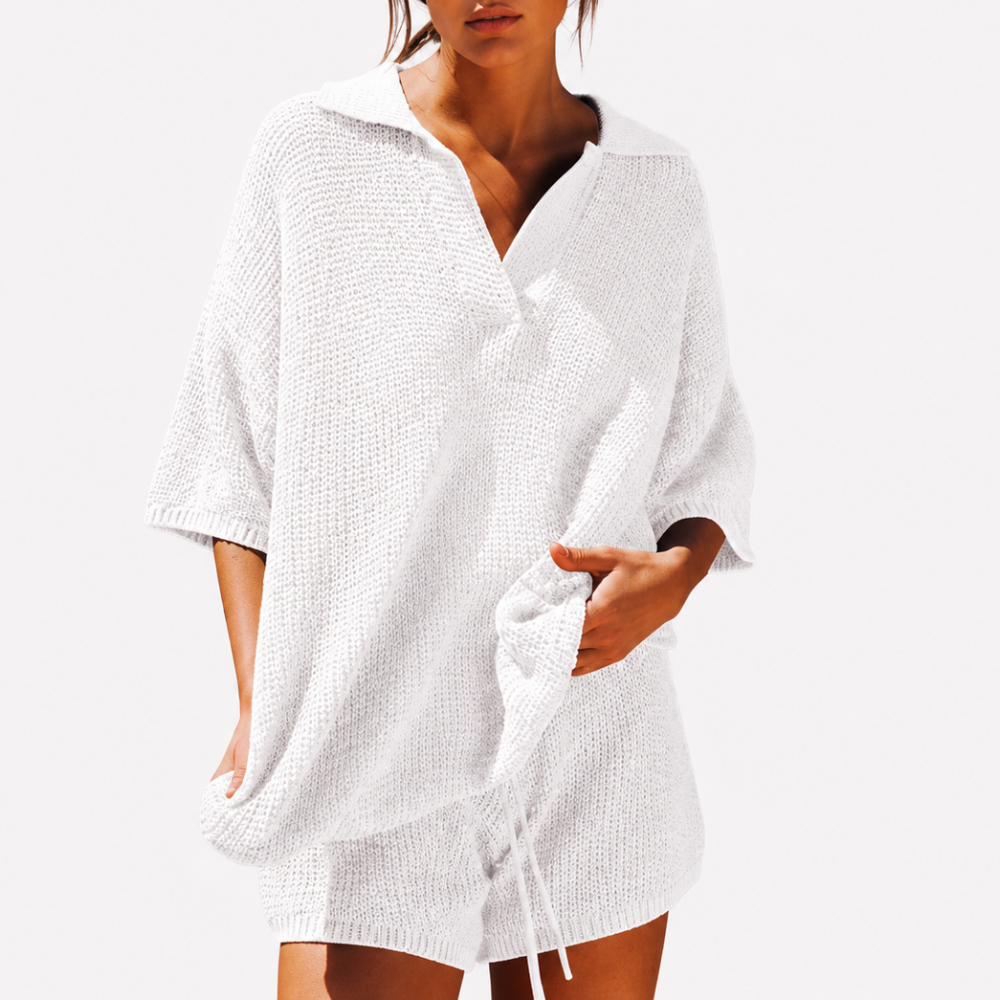 Casual 2 Piece Oversized V Neck Knit Top And Shorts Set For Women