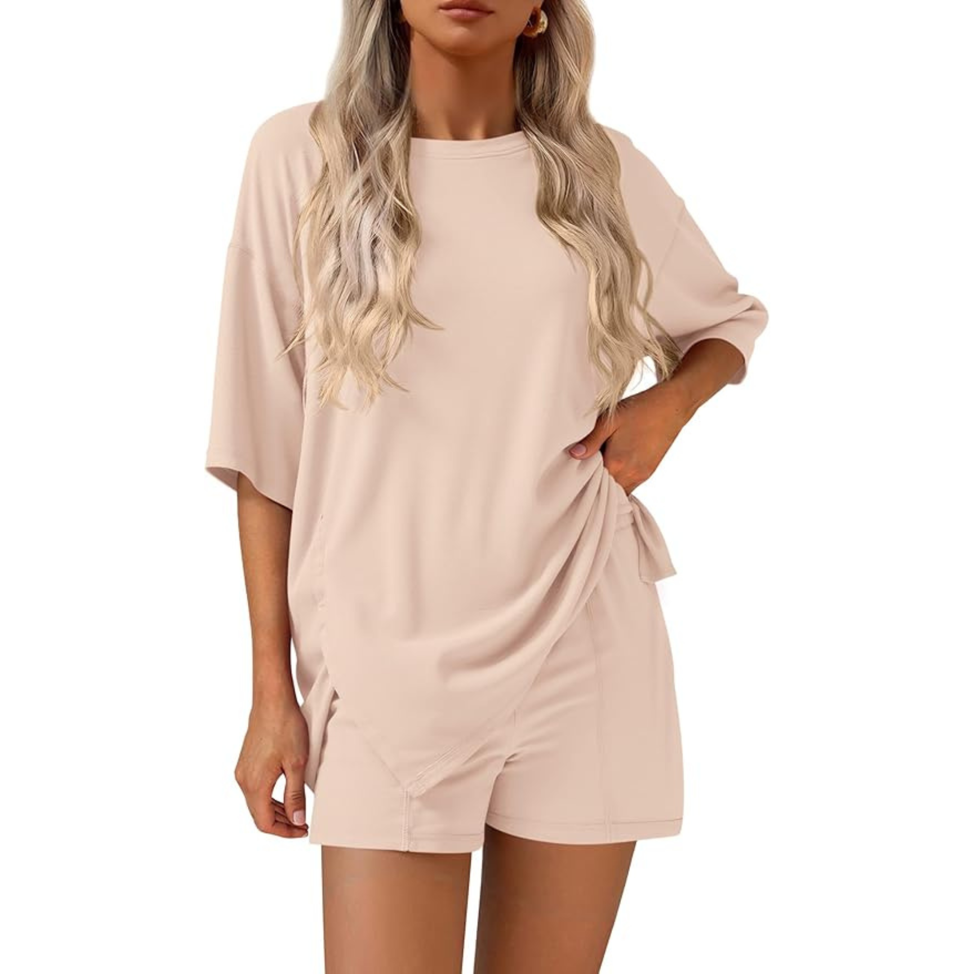 2 Piece Lounge Set With Oversized T Shirt And Shorts For Women