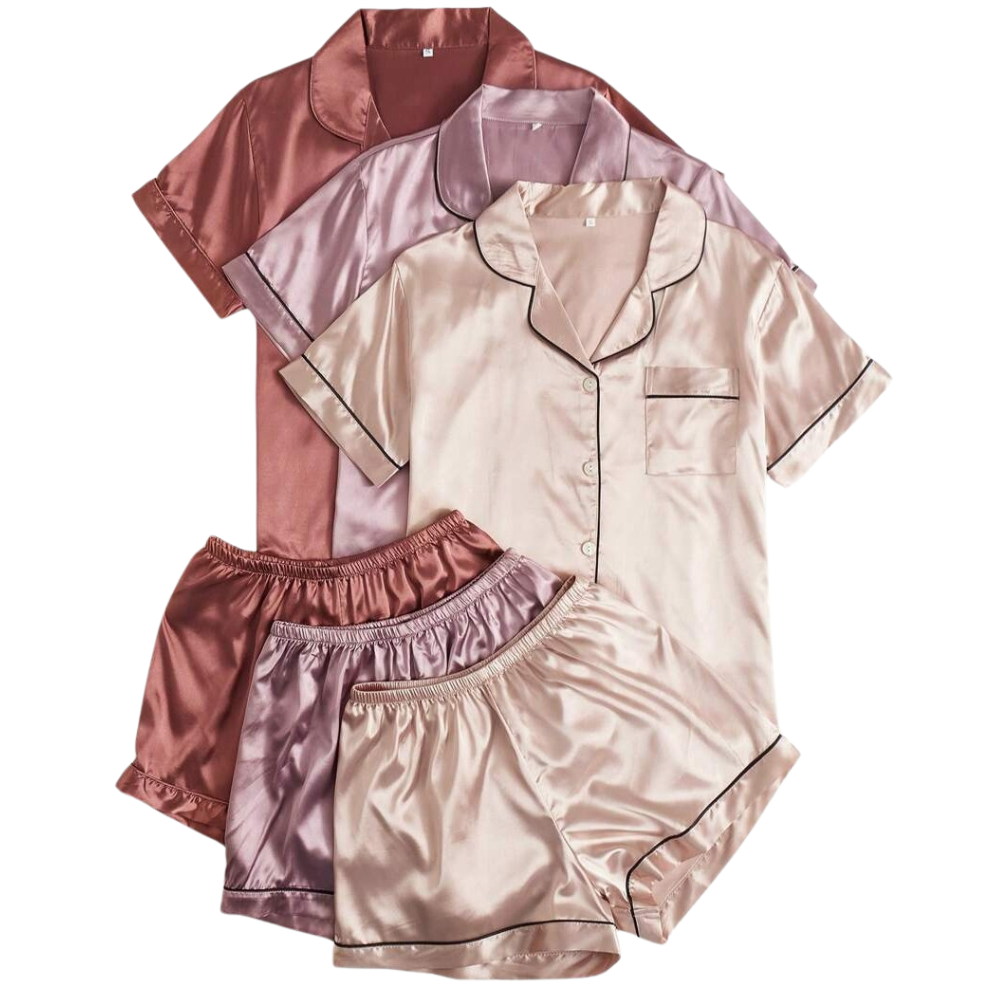 Pack Of 3 Contrast Piping Blouse And Shorts Set For Women 