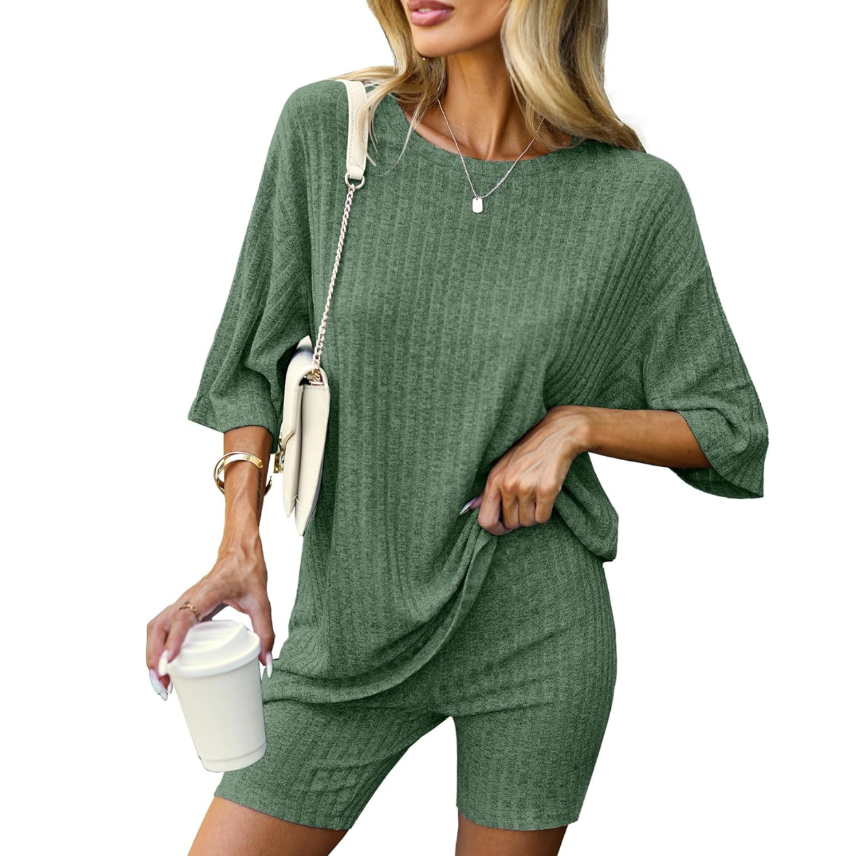 2 Pieces Ribbed Knit Bodycon Lounge Set With Matching Shorts For Women