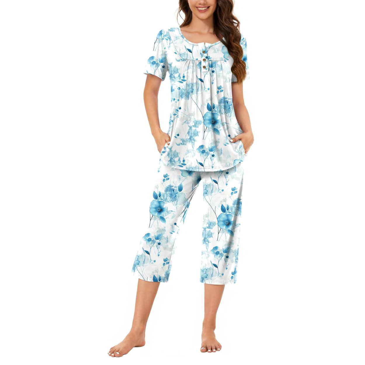 2 Piece Summer Pajama Set with Capri Pants For Women