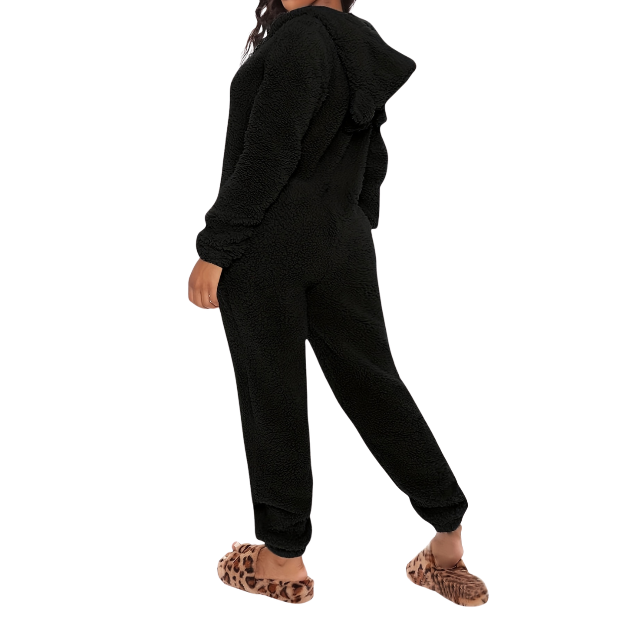Fuzzy Hooded Pajama Jumpsuit With Zipper For Women