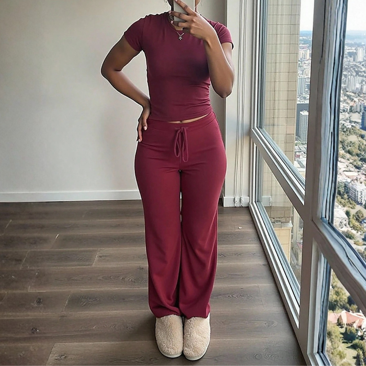 Fitted Short Sleeve T Shirt and Pants 2 Piece Casual Set for Women