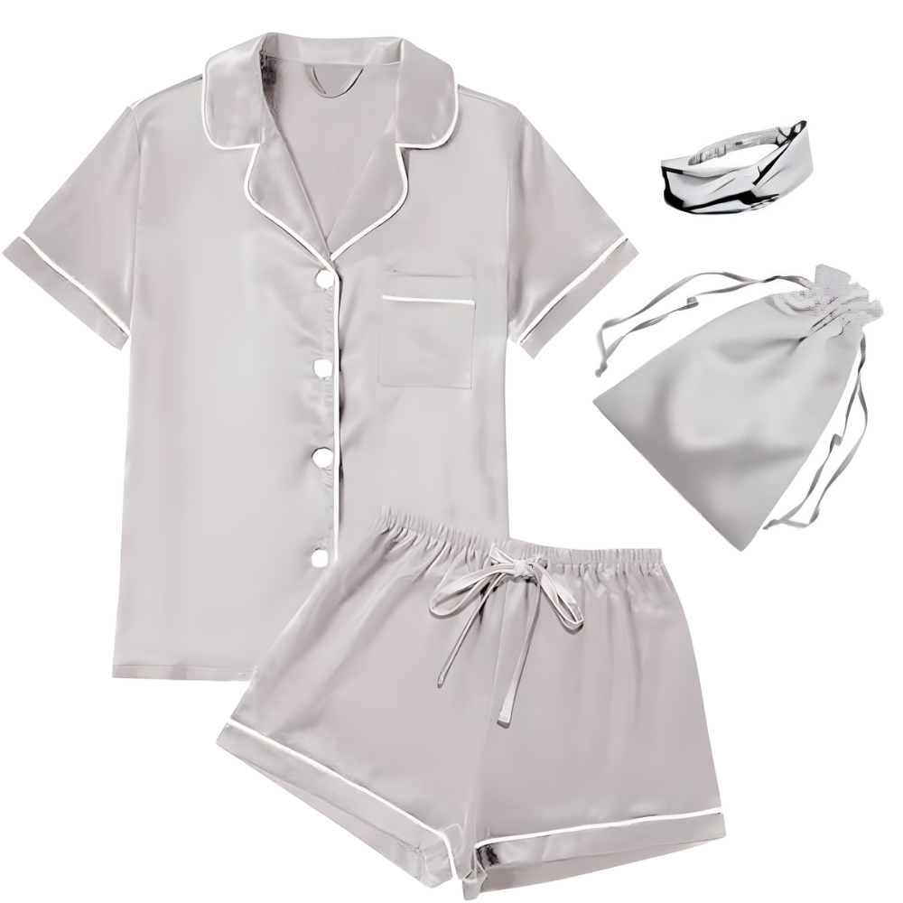  4 Pieces Women Satin Floral Pajama Set Short Sleeve Sleepwear