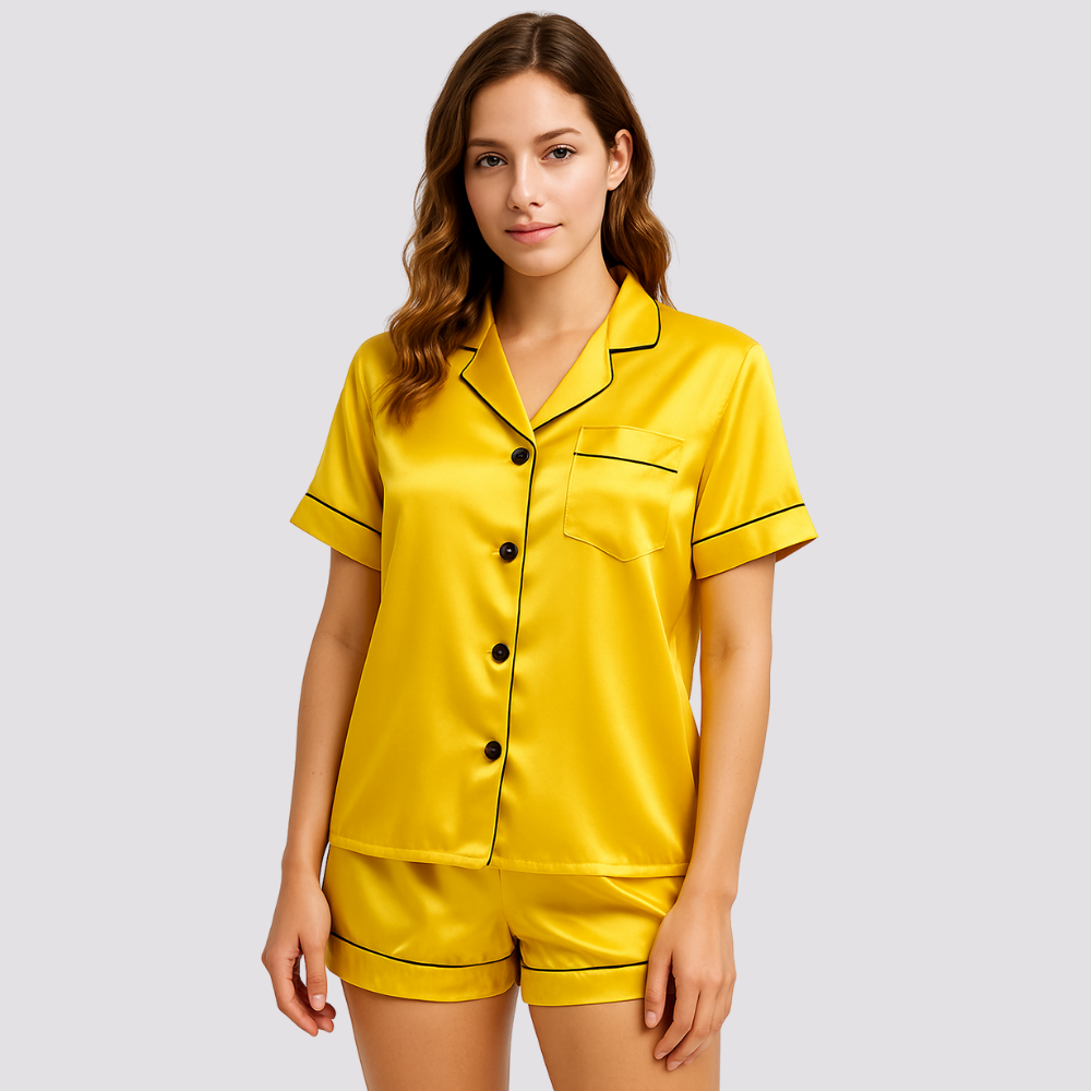Womens Silk Satin Pajamas Short Sleeve Button Down Set