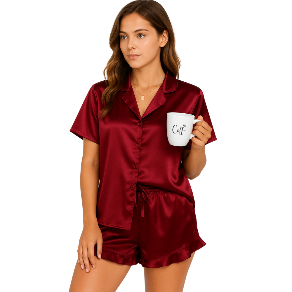 Women Satin Pajama Set with Button Down and Shorts