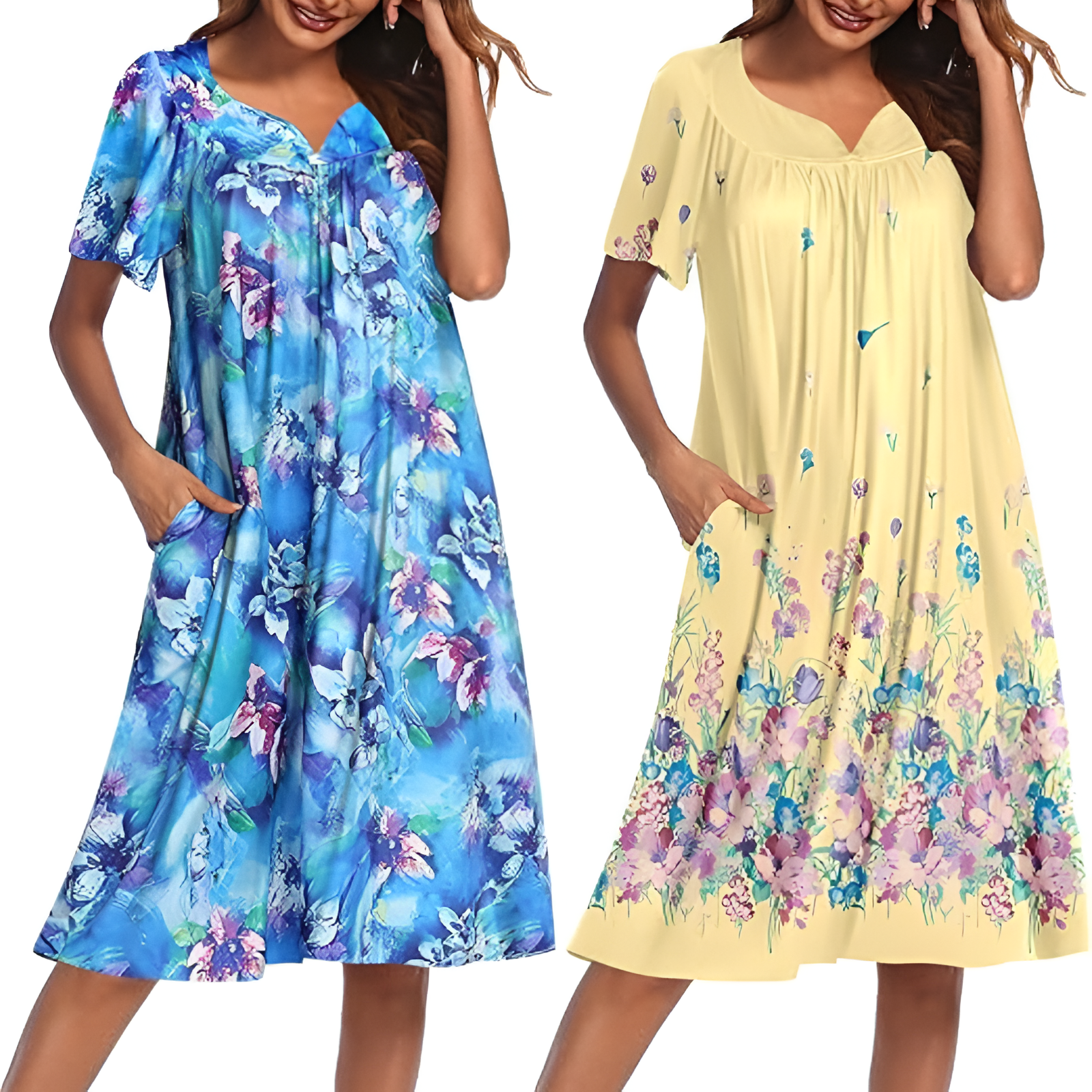 Pack Of 2 Casual House Dresses For Women With Pockets And Floral Print