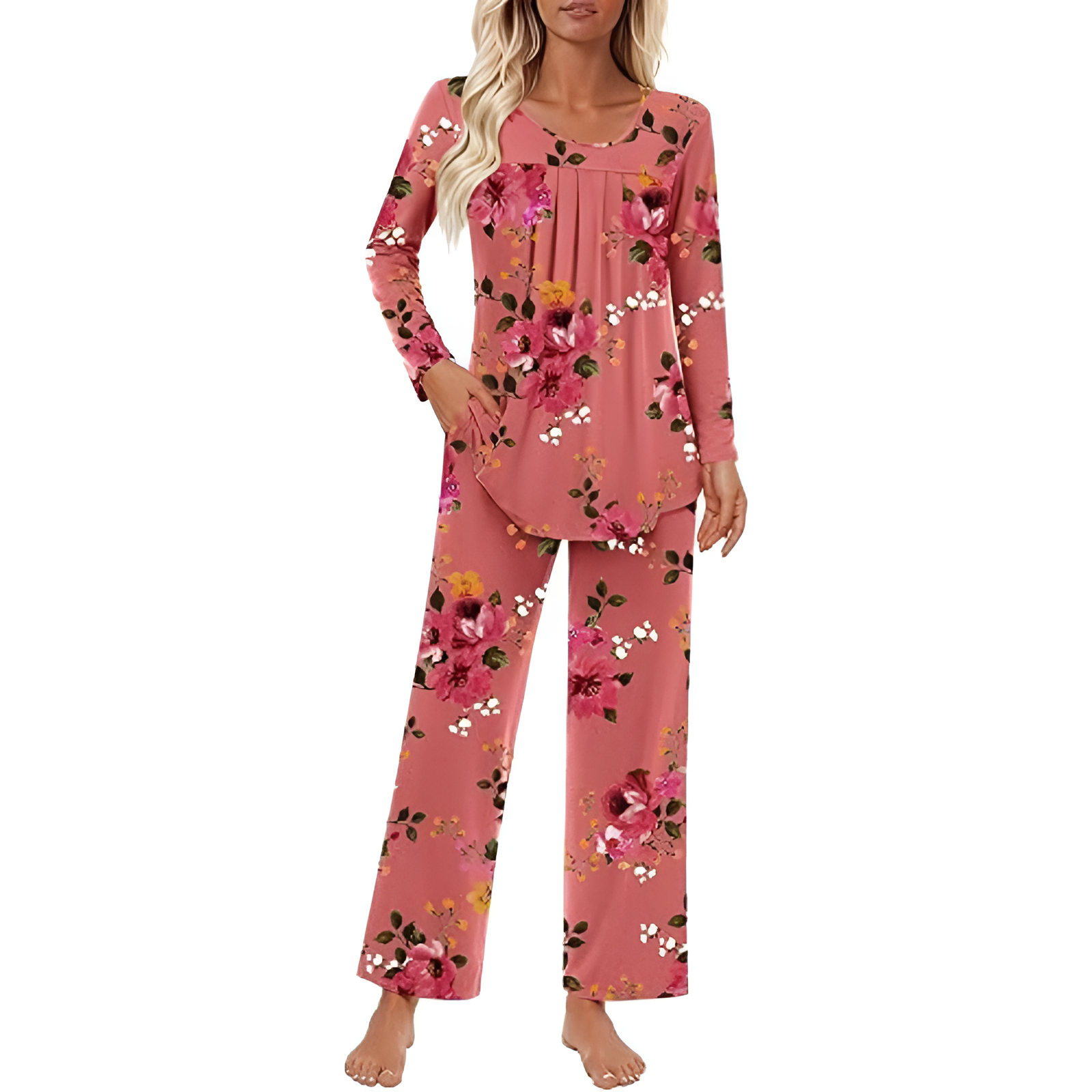 Long Sleeve Top And Loose Pants Two Piece Matching Pajama Set For Women