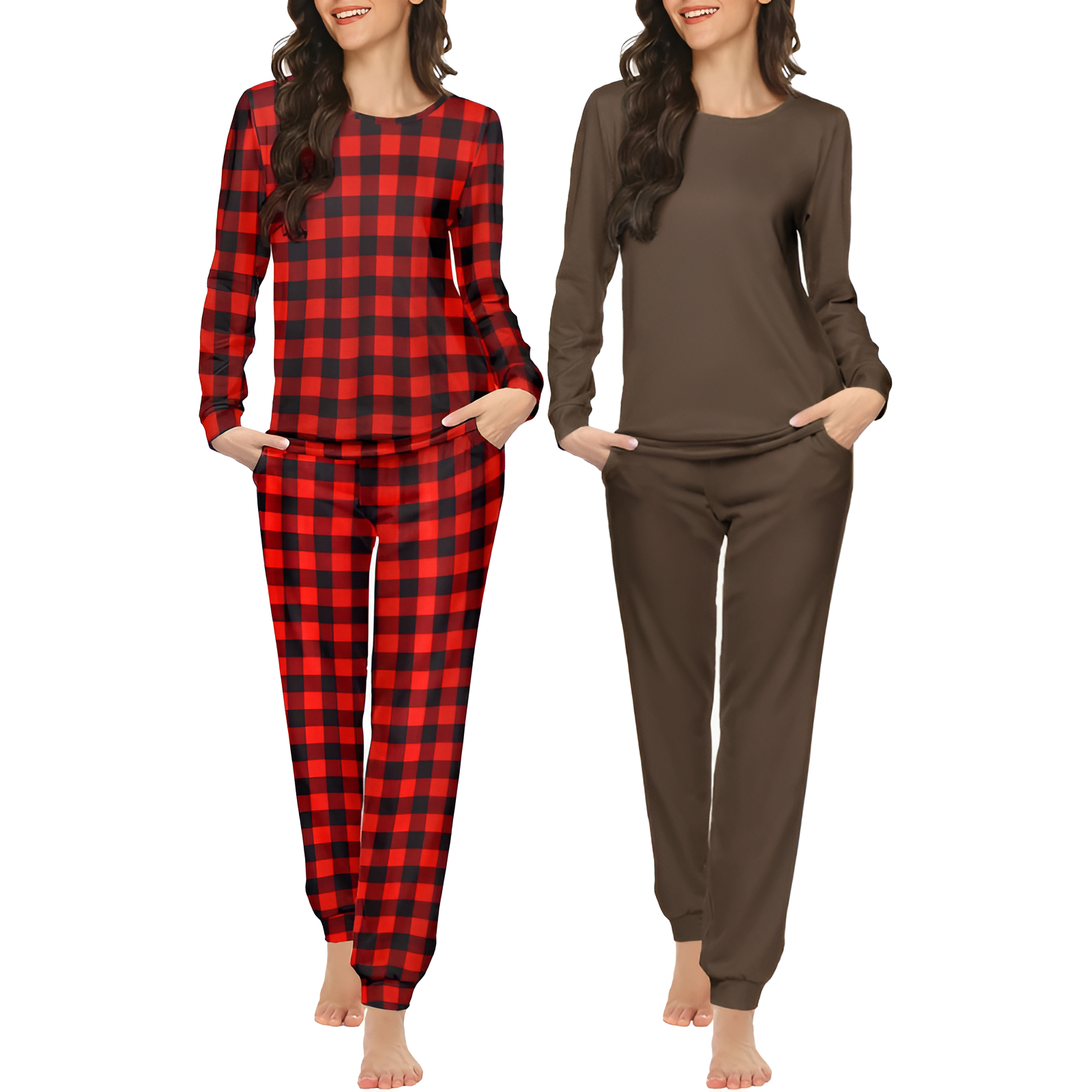 Pack Of 2 Long Sleeve Top And Jogger Pants Pajama Set With Pockets For Women