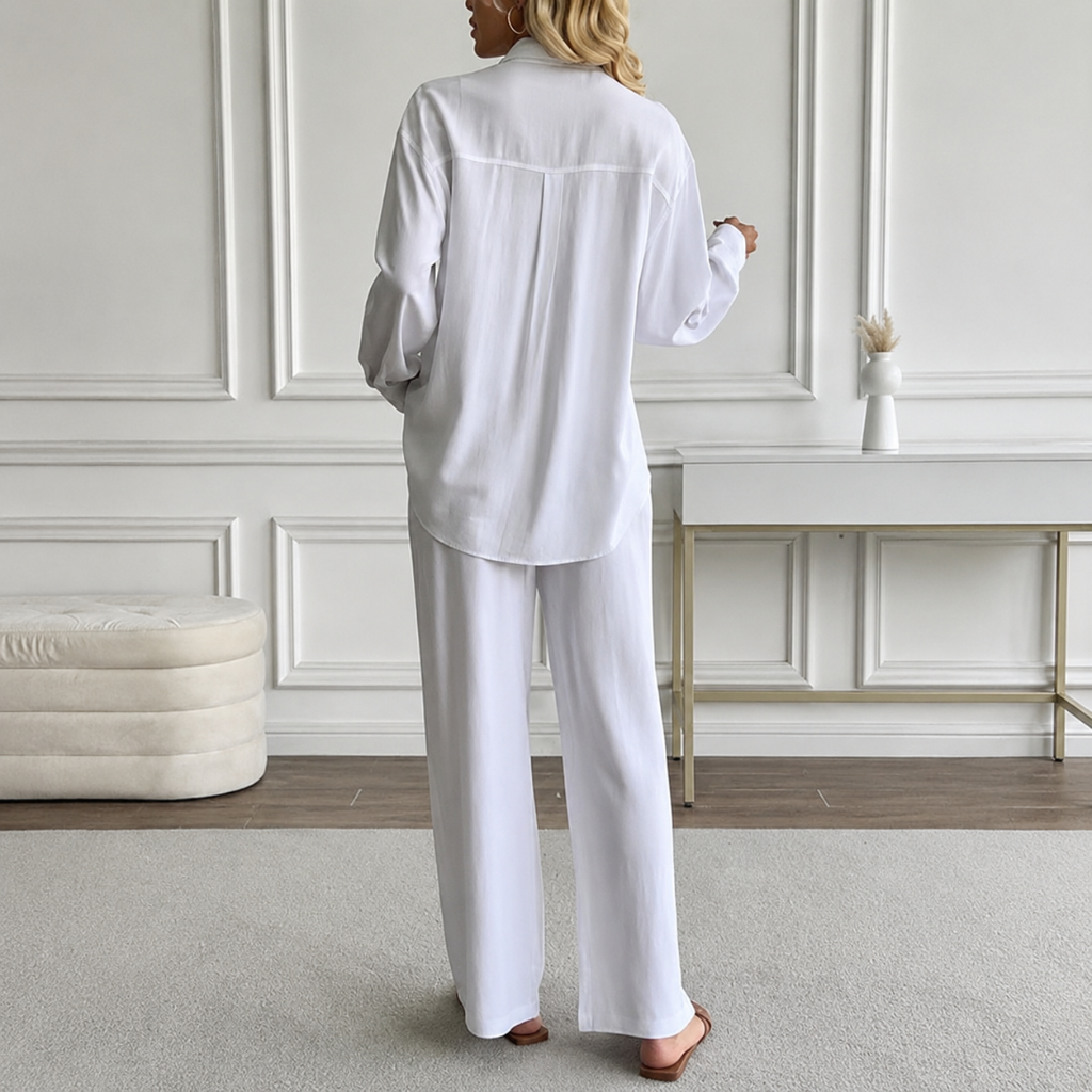 2 Piece Of Long Sleeve Down Button Shirt And Wide Pants Tracksuit Outfit Set For Women
