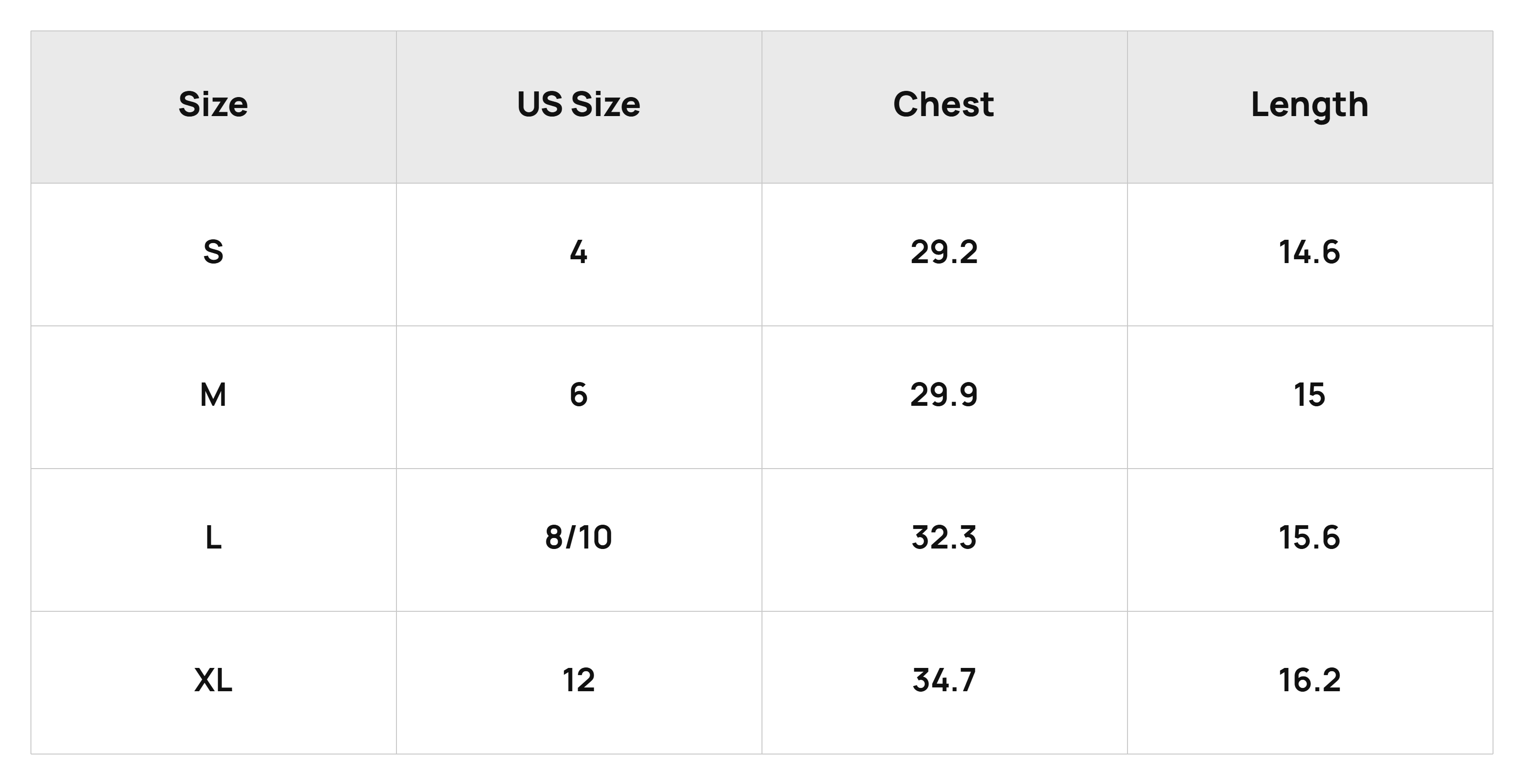 Size Chart Tops Product Size Chart