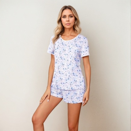 Casual Womens Short Sleeve Top With Shorts Pajama Set
