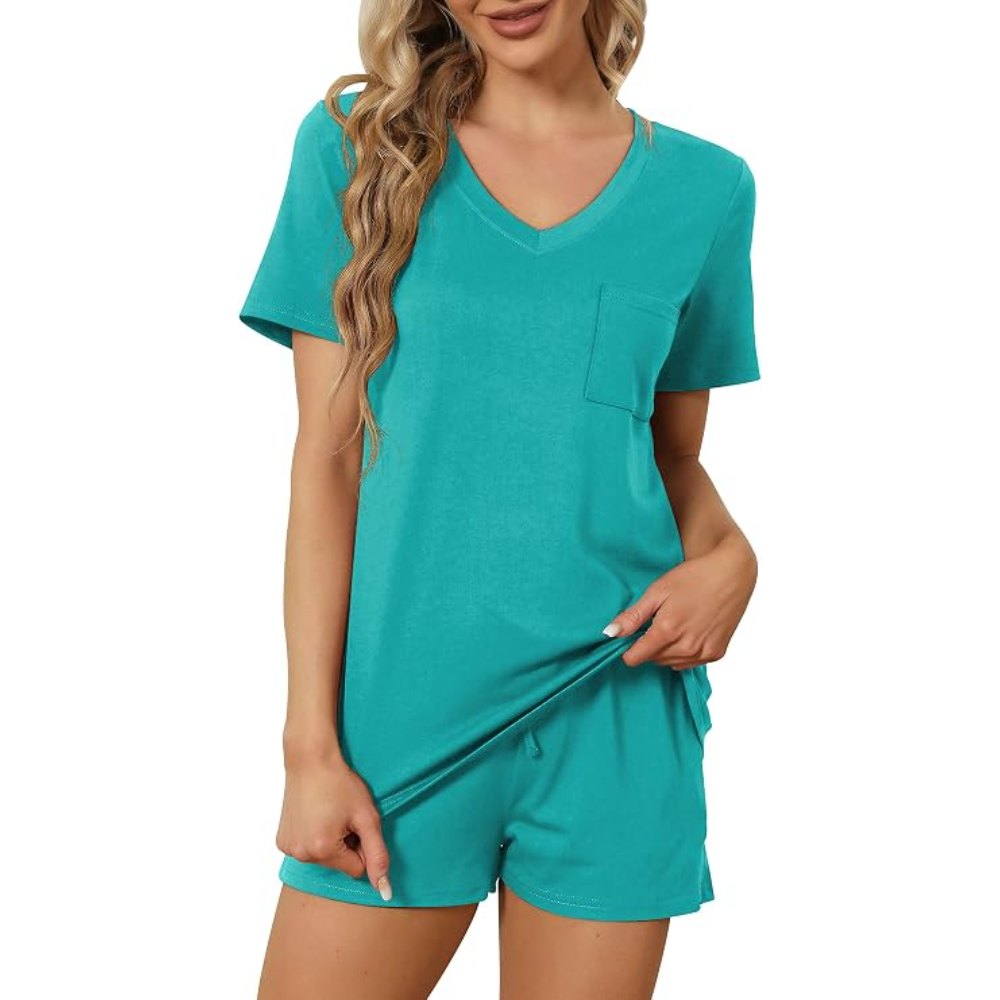 Casual Sort Sleeve Pajama Lounge Sets With Pockets For Women