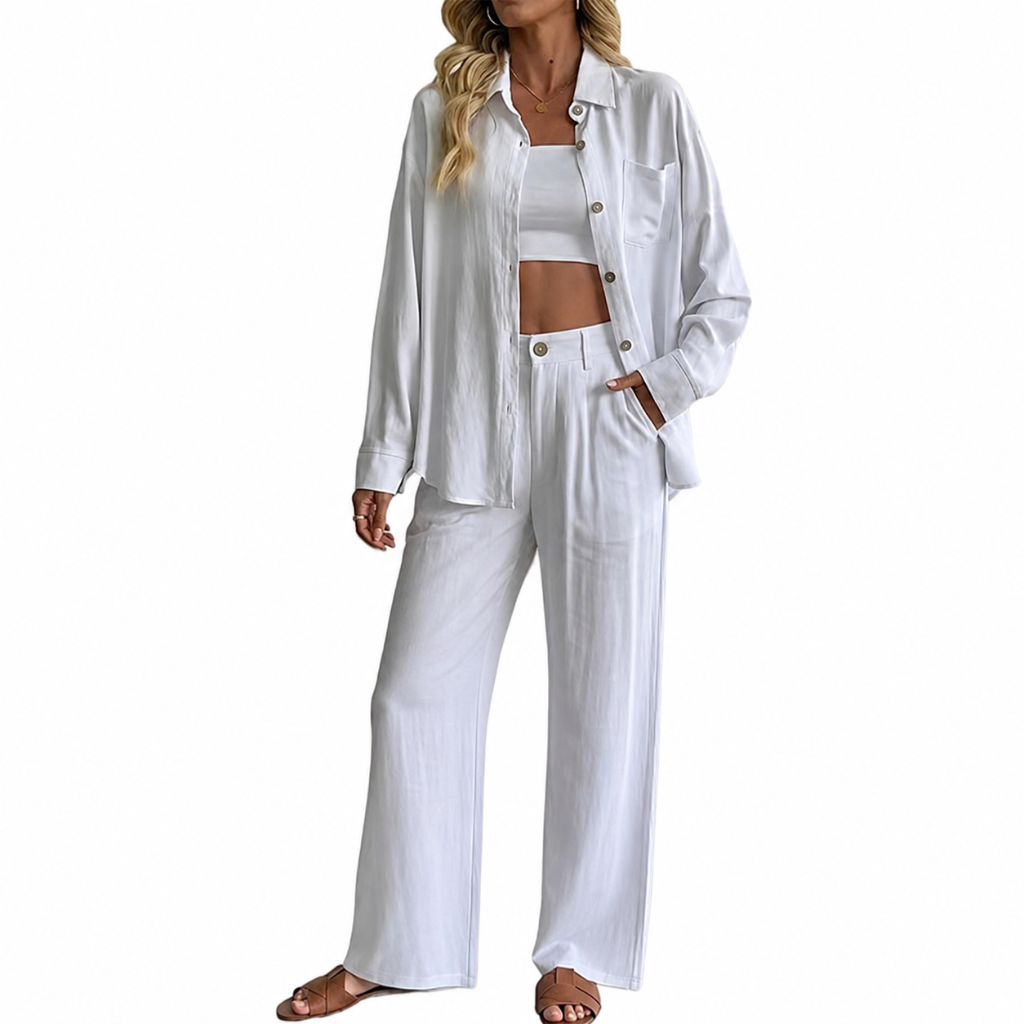 2 Piece Of Long Sleeve Down Button Shirt And Wide Pants Tracksuit Outfit Set For Women