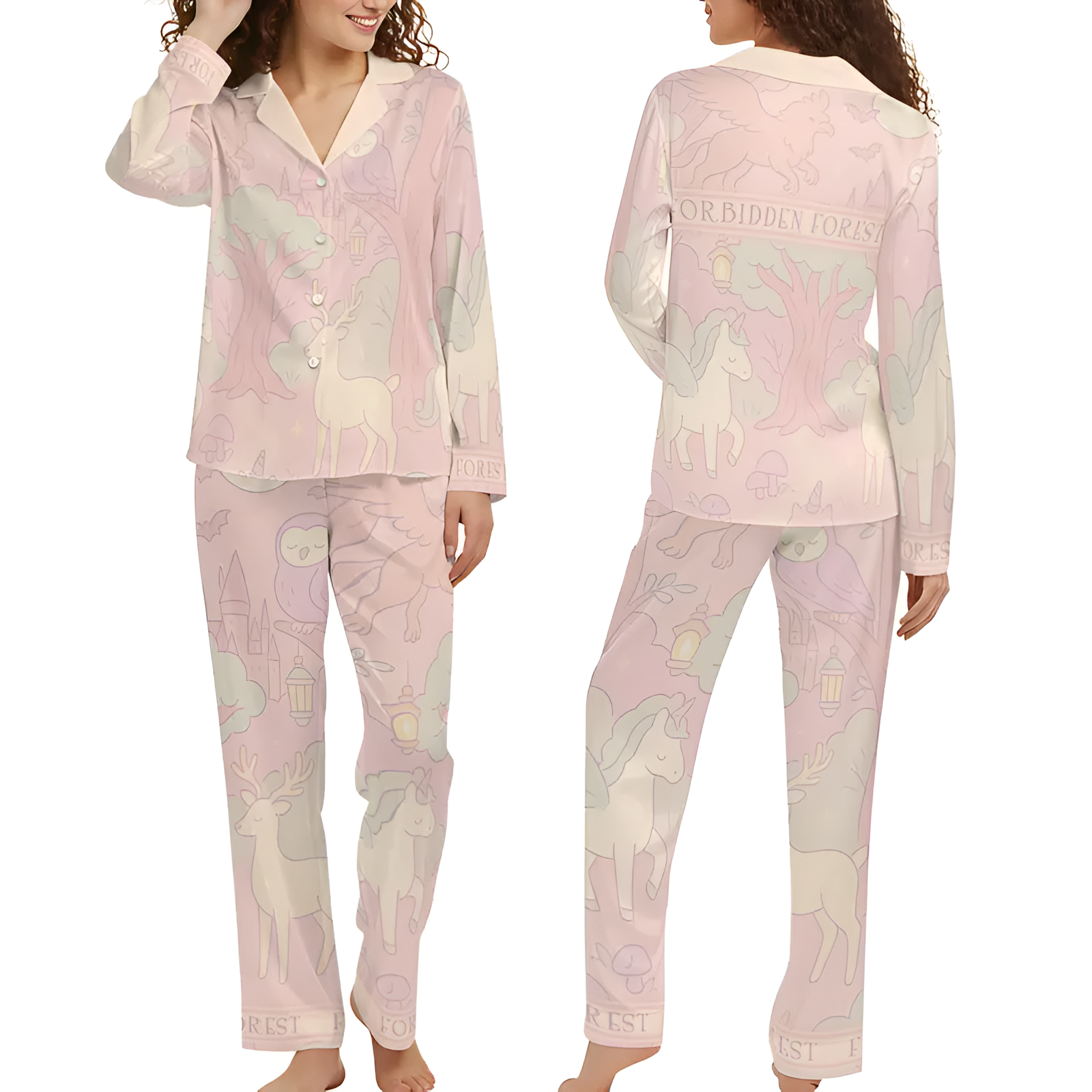 Long Sleeve Satin Forest Themed Pajama Set