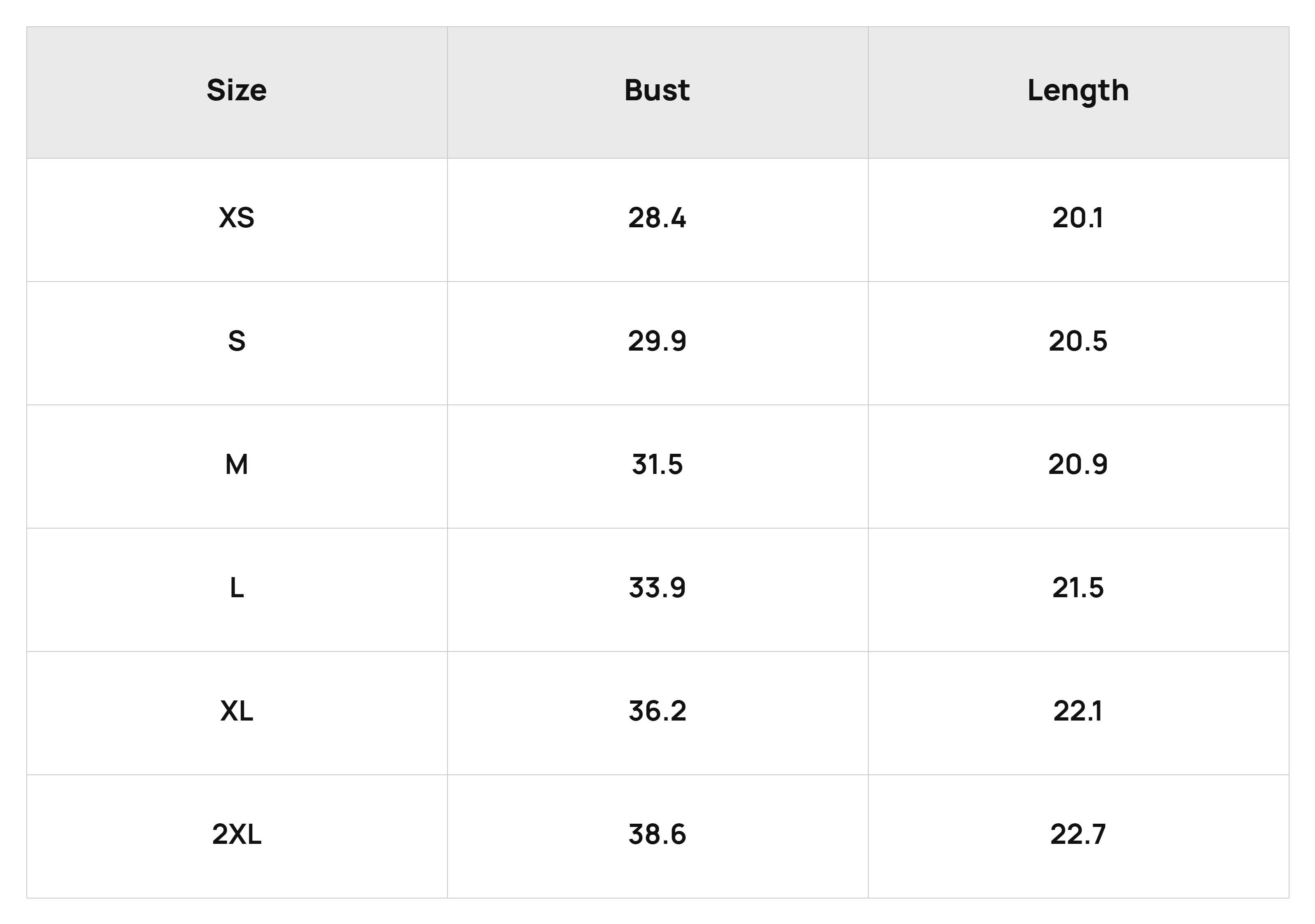 Size Chart Tops Product Size Chart