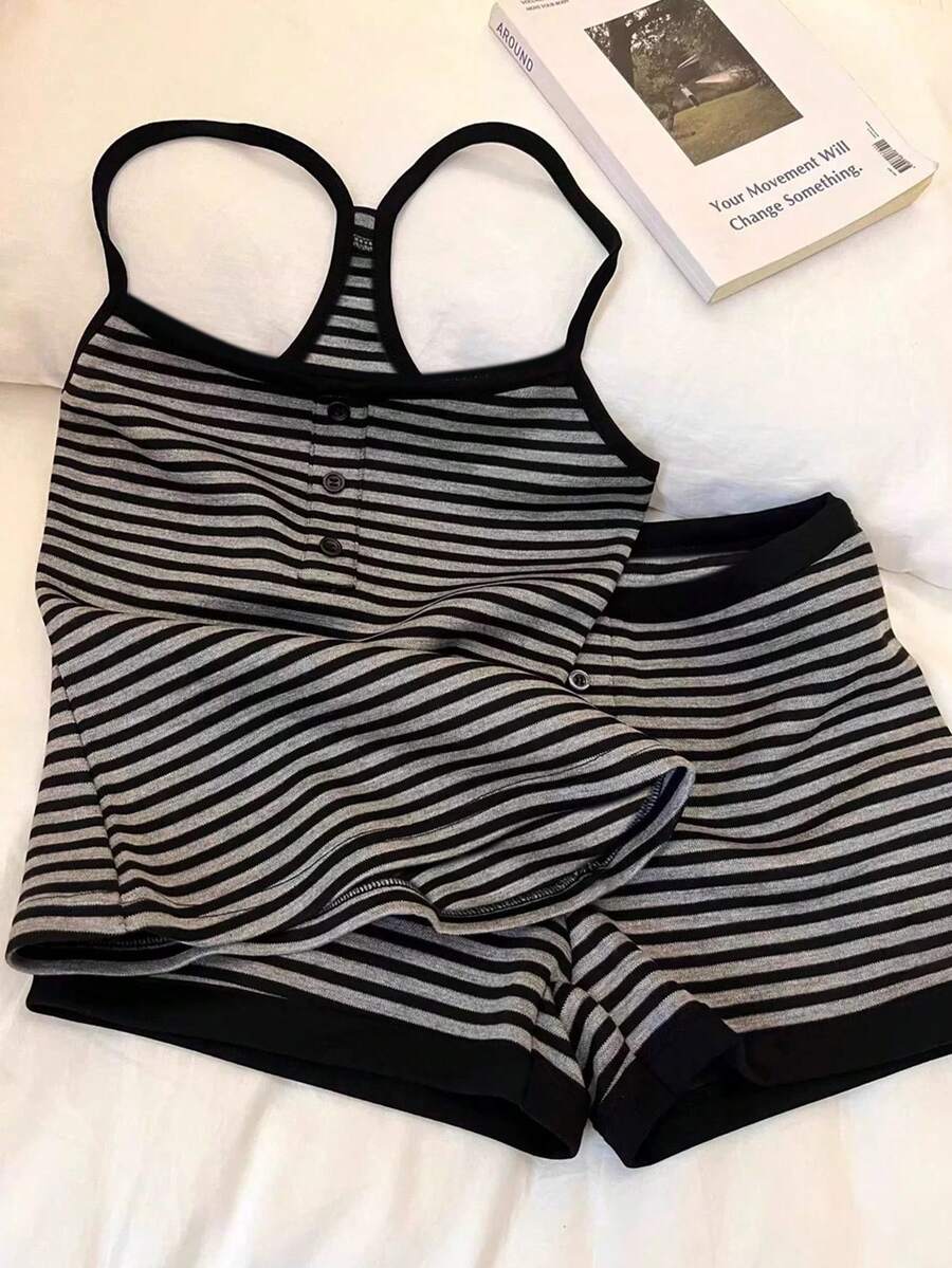IslaSuriya 2pcs Women Casual Striped Camisole Top And Shorts Set - Grey - View 6