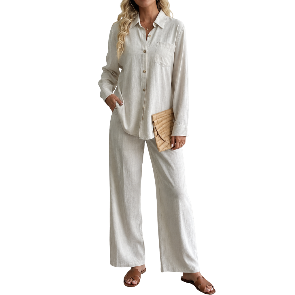 2 Piece Of Long Sleeve Down Button Shirt And Wide Pants Tracksuit Outfit Set For Women