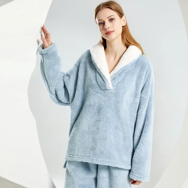 2 Piece Of Fluffy Long Sleeve Sleepwear Pajama Set With Pullover Pants For Women