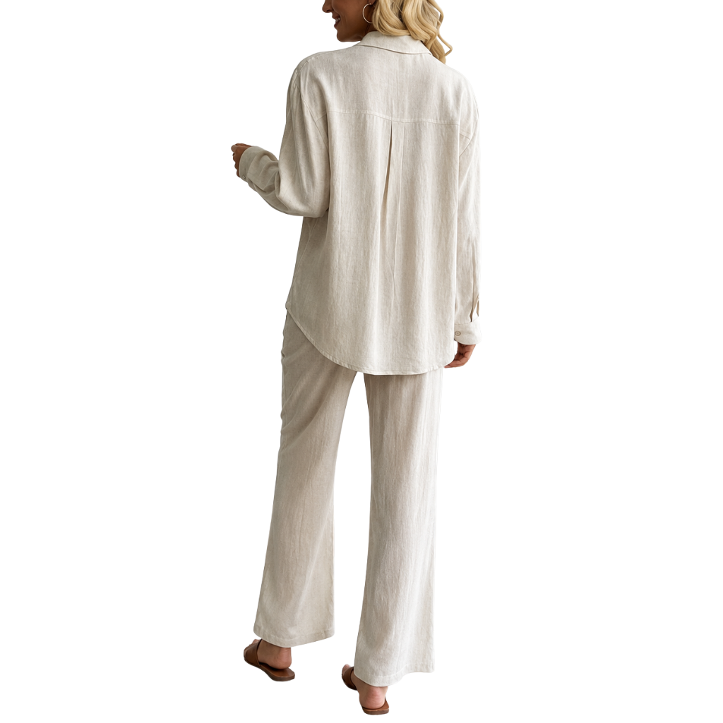 2 Piece Of Long Sleeve Down Button Shirt And Wide Pants Tracksuit Outfit Set For Women