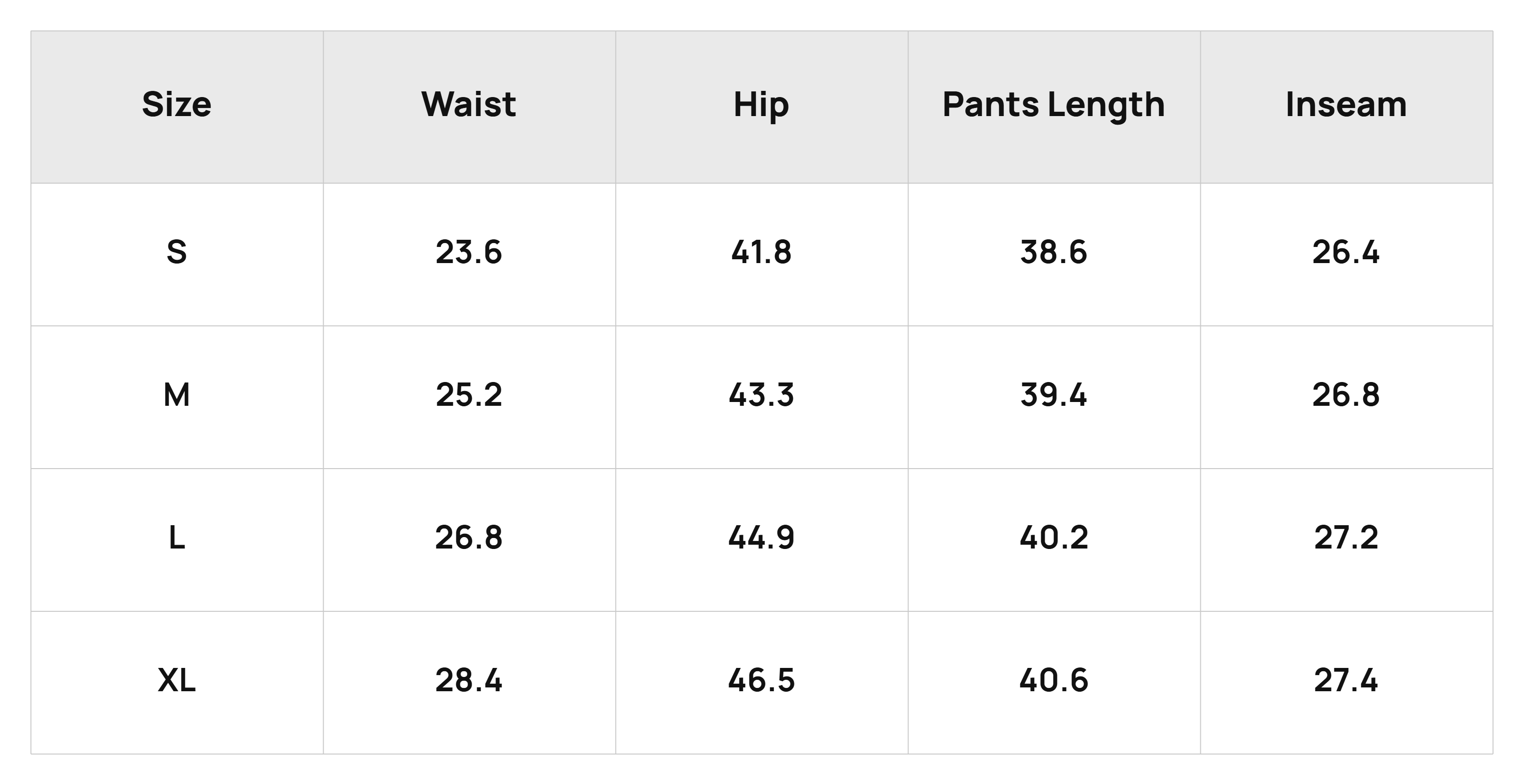Size Chart Bottoms Product Size Chart