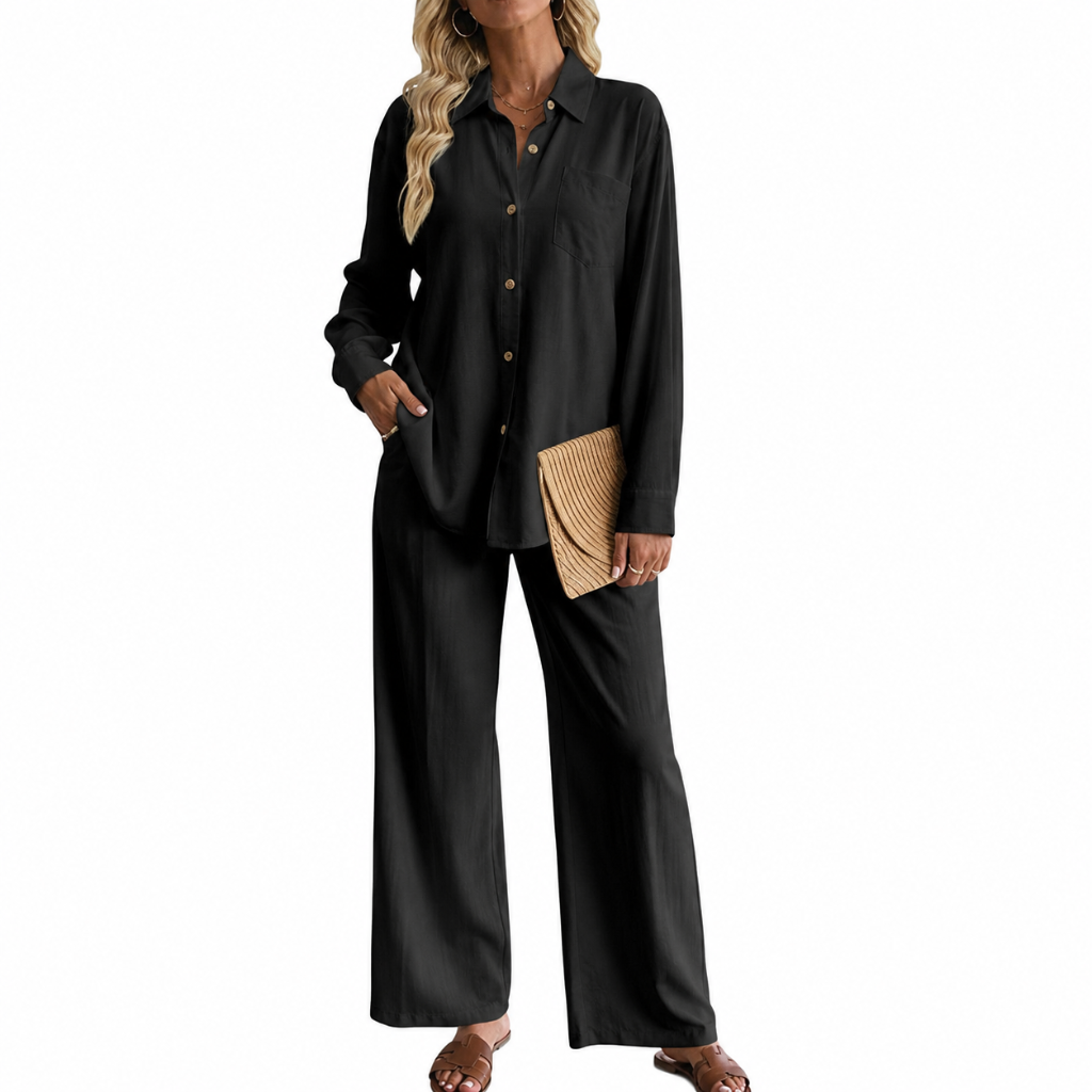 2 Piece Of Long Sleeve Down Button Shirt And Wide Pants Tracksuit Outfit Set For Women