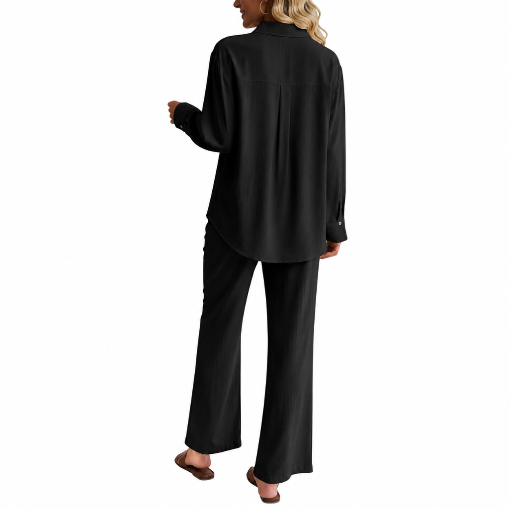 2 Piece Of Long Sleeve Down Button Shirt And Wide Pants Tracksuit Outfit Set For Women