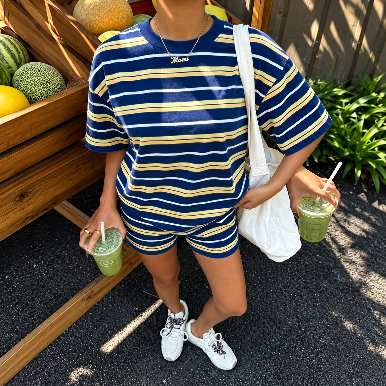 2 Pieces Striped Shorts And Graphic Tee Set For Women