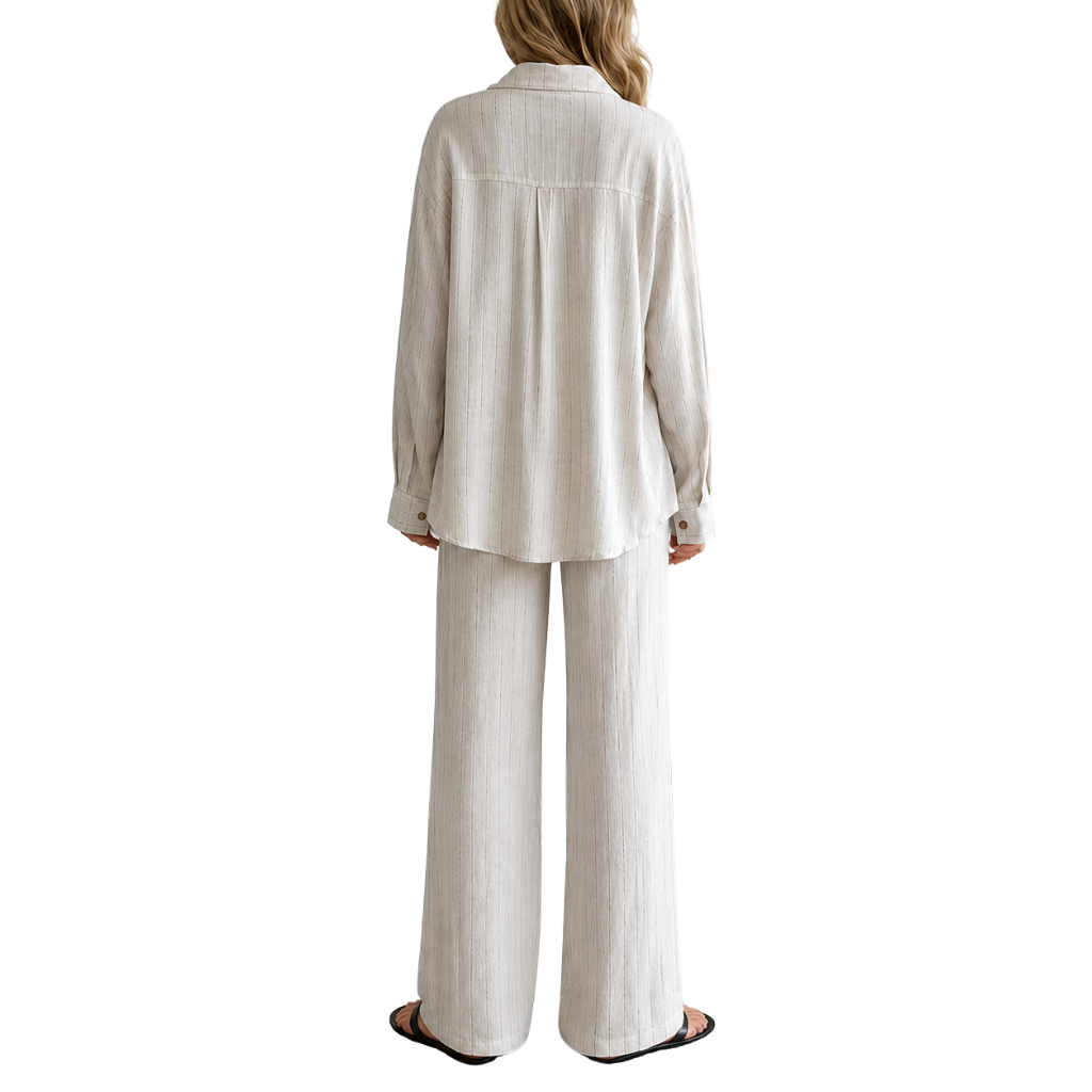 2 Piece Of Long Sleeve Down Button Shirt And Wide Pants Tracksuit Outfit Set For Women