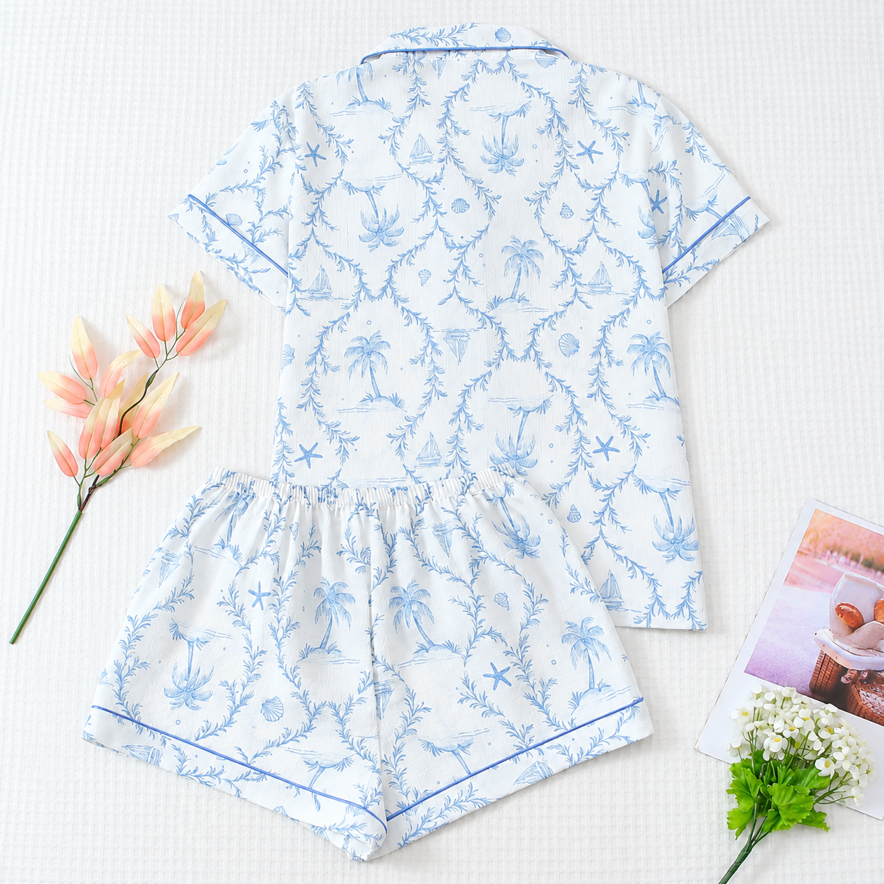 Two Piece Coconut Tree And Boat Print Shorts Pajama Set For Women