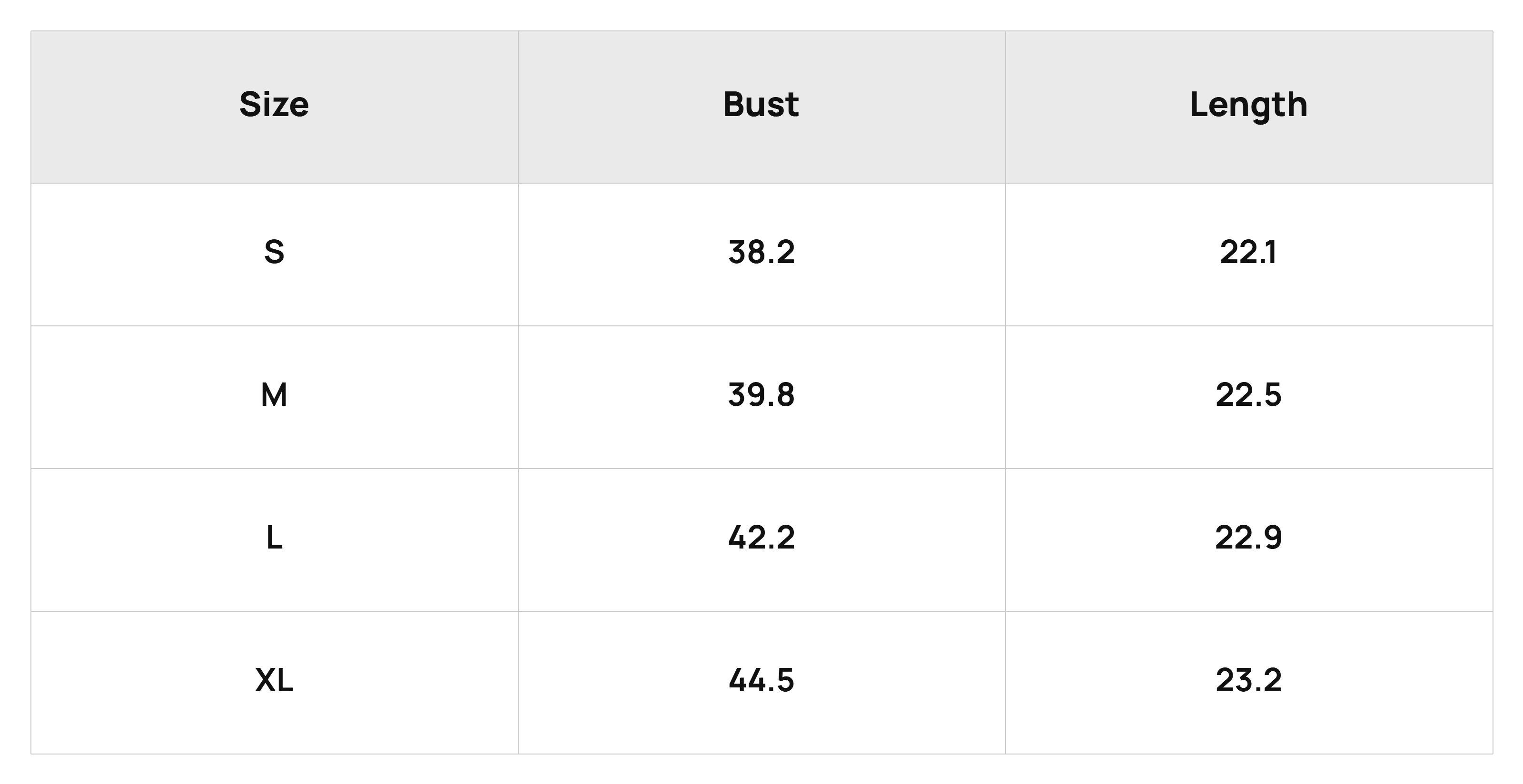 Size Chart Tops Product Size Chart